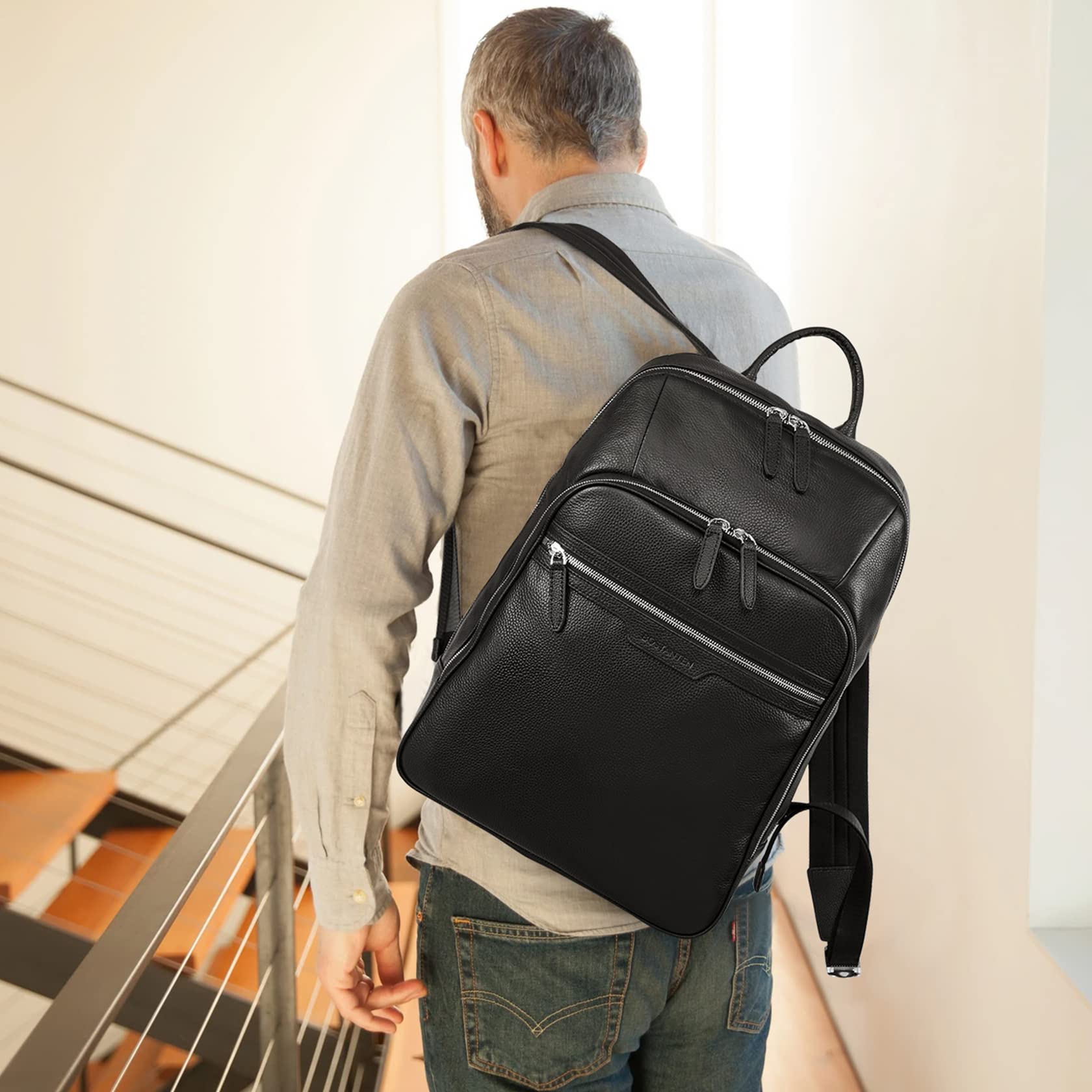 BOSTANTEN Men's Genuine Leather Backpack - 15.6 Inch Laptop Bag for Work, Travel & College - Durable Business Backpack with USB Charging Port - Perfect for Commuting, Office & School (Black)