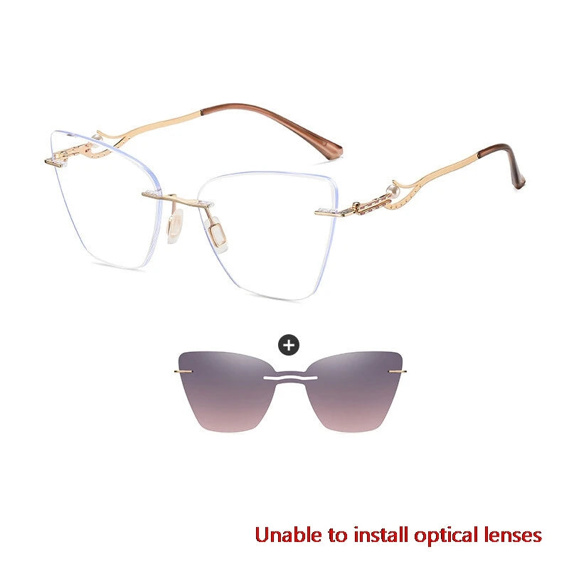 CCspace Women's Rimless Cat Eye Alloy Eyeglasses Clip-On Sunglasses - Lightweight UV Protection for Driving, Reading & Outdoor Activities