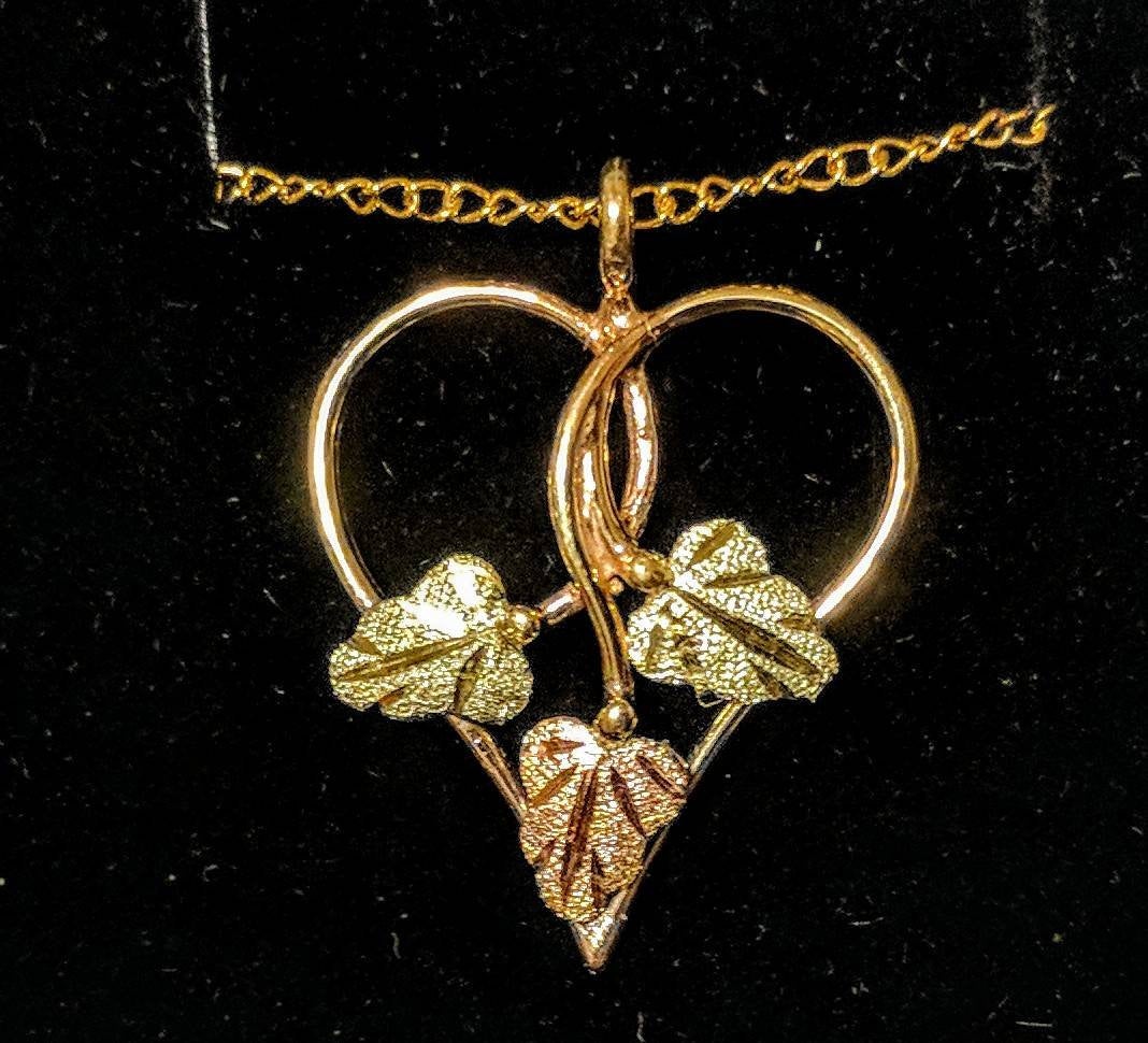10kt Solid Gold Three-Tone Heart Pendant with Red & Green Leaf Accents - Includes 18
