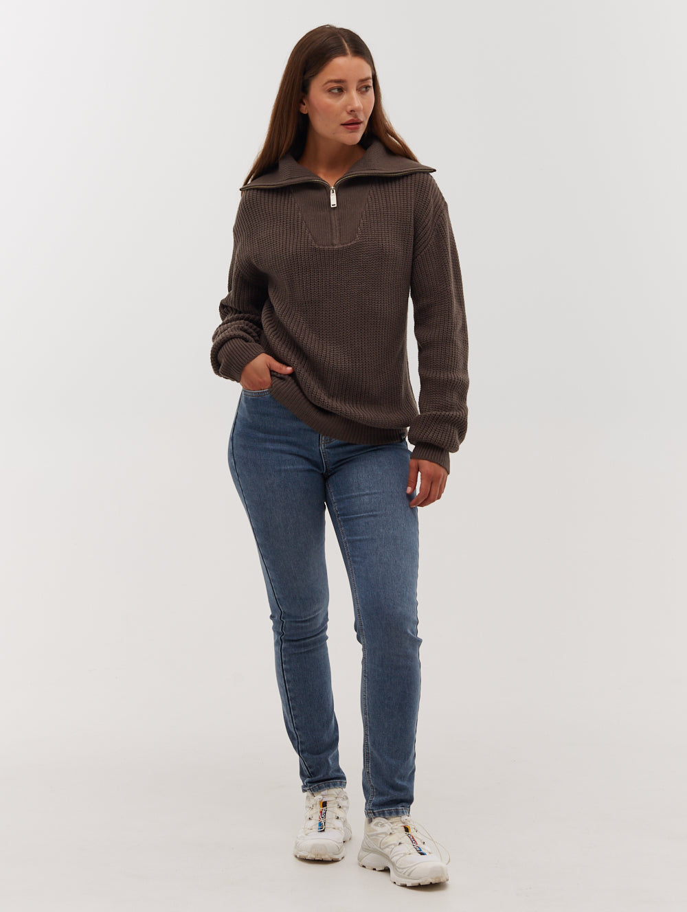 Thurynn Oversized Zippered Funnel Neck Sweater for Women - Cozy Winter Pullover with Pockets - Perfect for Casual Outfits, Office Wear & Cold Weather Layering