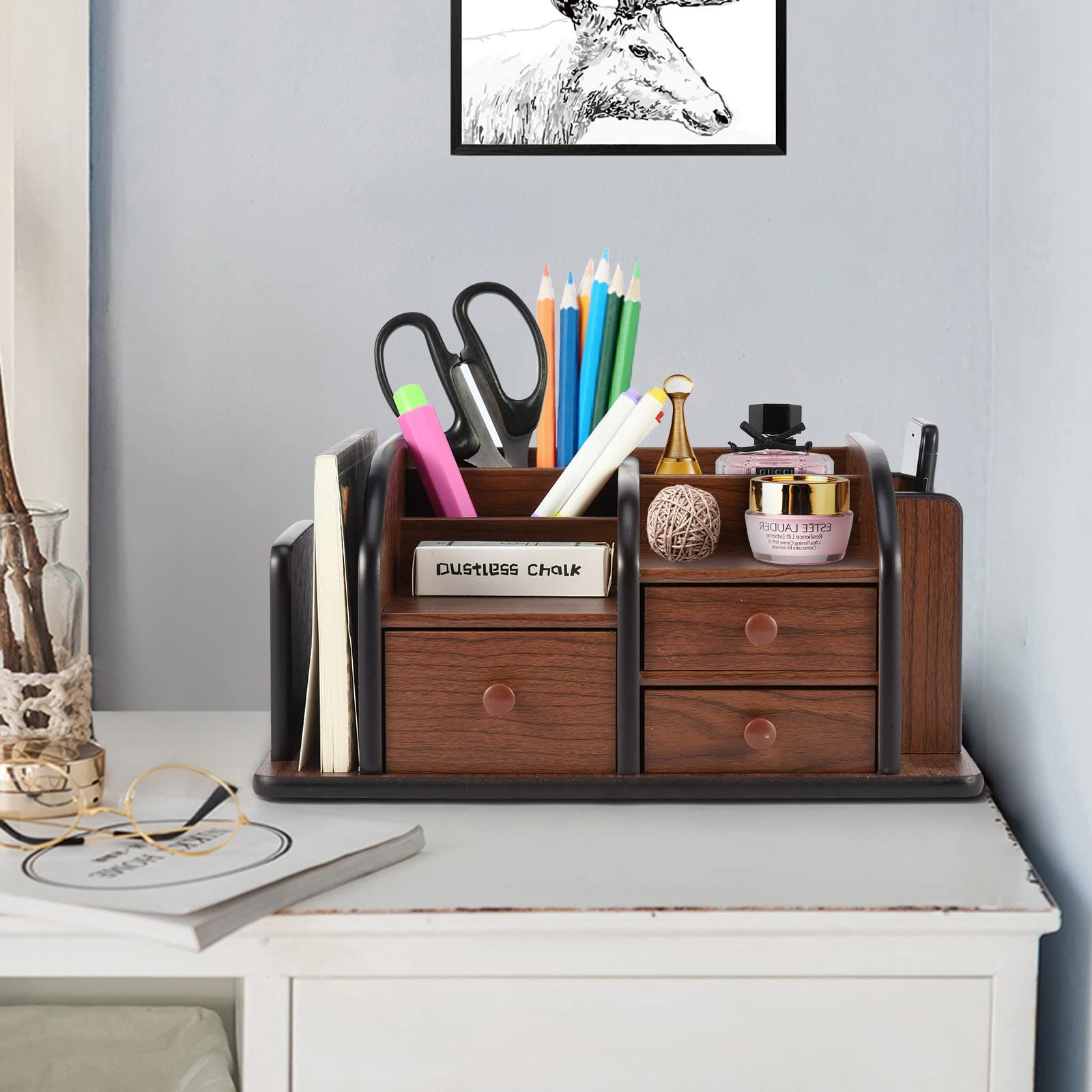 Wooden Desktop Organizer with Drawer & Pen Holder - Office Desk Organizer for Stationery, Workspace Accessories - Gray Under Desk Storage Drawers | Perfect for Home Office Organization & Workspace Decluttering