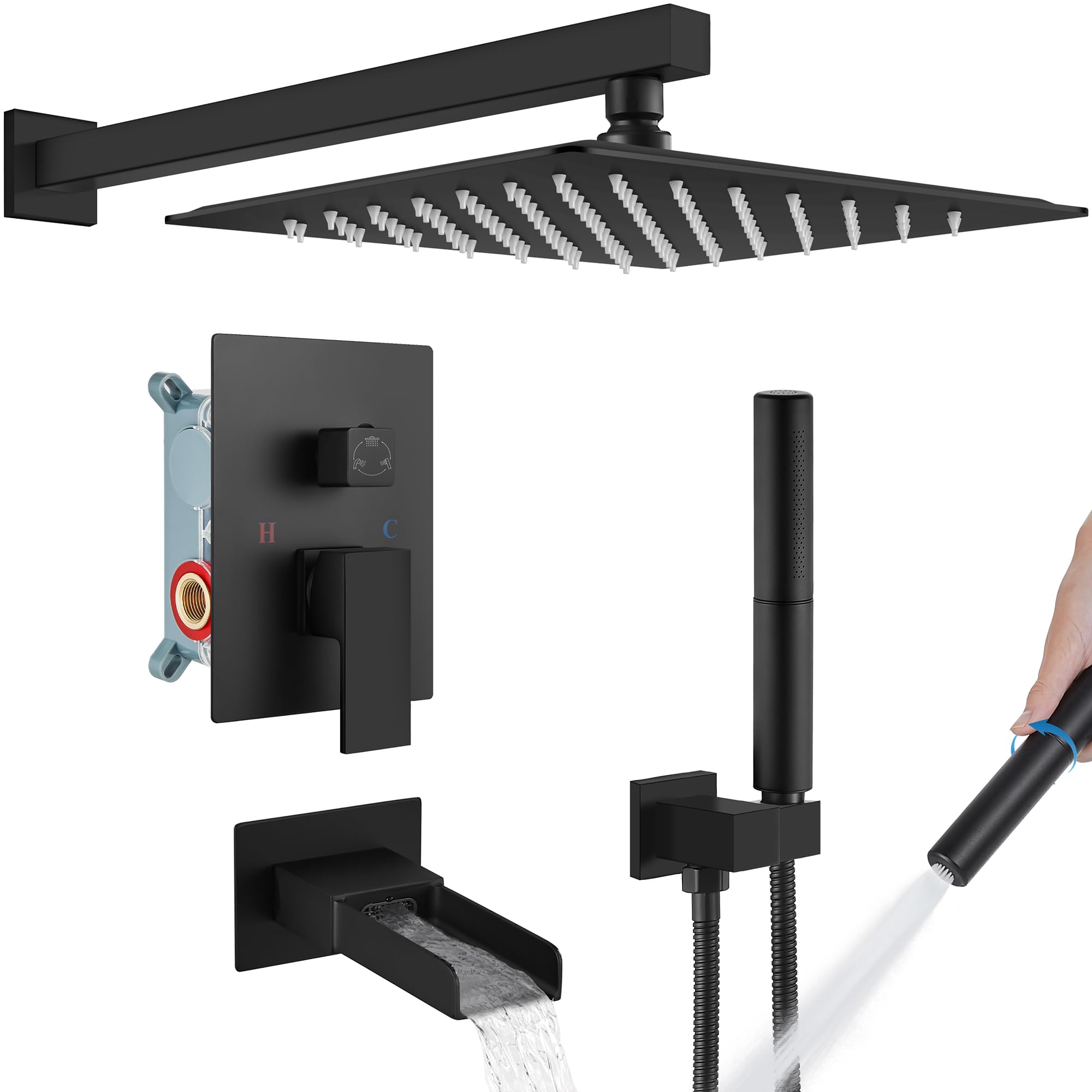 Matte Black Rainfall Shower System with Tub Spout & 2-in-1 Handheld Sprayer - 10 Inch Wall Mount Shower Faucet Set for Bathroom Luxury & Spa Experience
