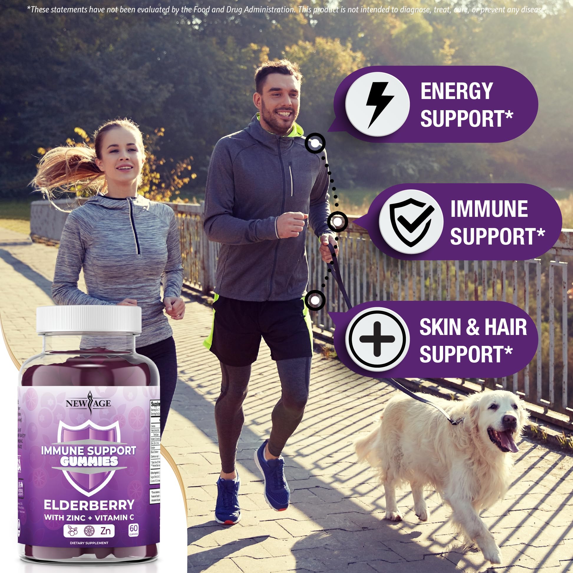 NEW AGE Immune System Support Gummies - Sambucus Black Elderberry Gummies with Vitamin C & Zinc for Immunity Boost (120 Count) | Daily Immune Support Supplement for Adults & Kids | Perfect for Cold & Flu Season
