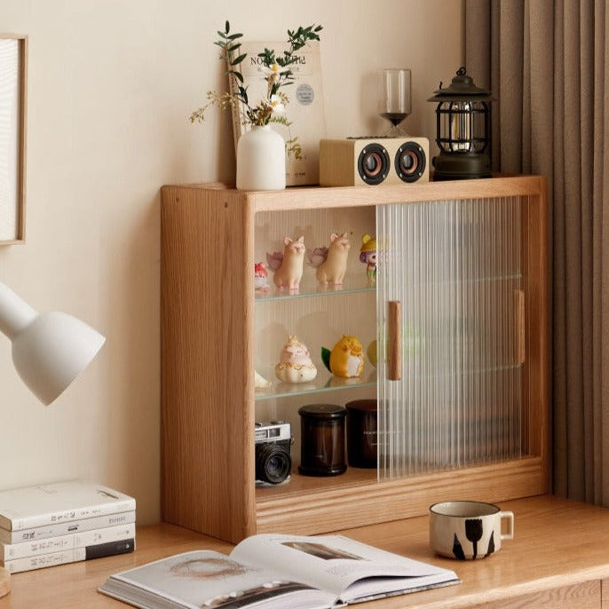 Solid Wood Desktop Locker Storage Cabinet with Glass Sliding Door - Oak, Cherry, Poplar - Perfect for Home Office, Bedroom, and Dorm Organization