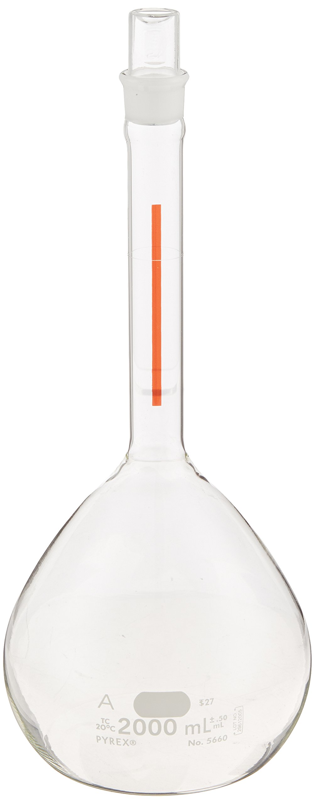 Corning Pyrex Borosilicate Glass Class A 2000ml Volumetric Flask with Standard Taper Stopper - Flat Bottom, Lifetime Red - Pack of 4 - Ideal for Chemistry Labs, Scientific Research & Industrial Measurements