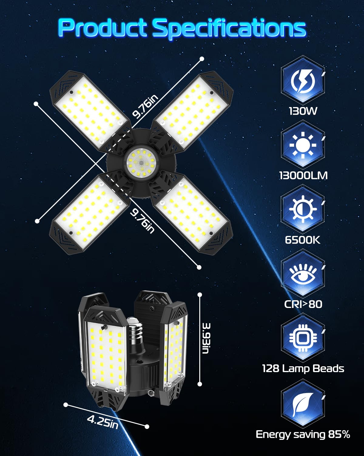 2-Pack 130W 13000LM Adjustable LED Garage Lights with Transformer, E26/E27 Base, 6500K Daylight White - Shop Lighting for Factory, Warehouse, Storage Room & Home Garage - Perfect for Workspaces, Basements and Auto Repair Shops