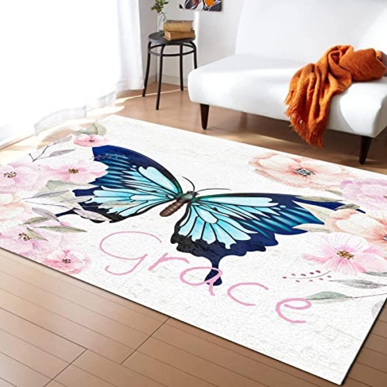 Nordic Blue Butterfly Girls Room Rug - Modern Pink Flower Bedroom Area Rug with Non-Slip Backing, Low Pile Washable Durable Floor Mat for Living Room, Nursery, Entryway, Office & Porch (5x8ft) - Perfect for Kids' Bedroom Decor & Home Interior Design