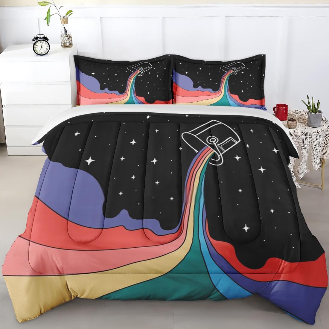 Rainbow Space LGBTQ Comforter Set King Size - Colorful Bedding for Kids & Adults, Gay Pride Decor with 2 Pillowcases - Perfect for Bedroom, Dorm, Guest Room & Pride Events