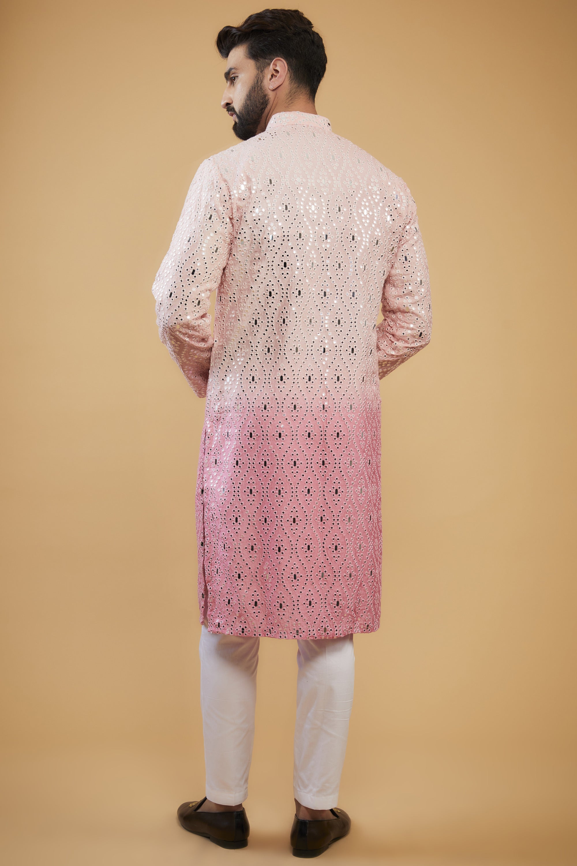 Elegant Pink Ombre Mirror Work Kurta with Intricate Thread Embroidery - Perfect for Festivals, Weddings, and Ethnic Fashion