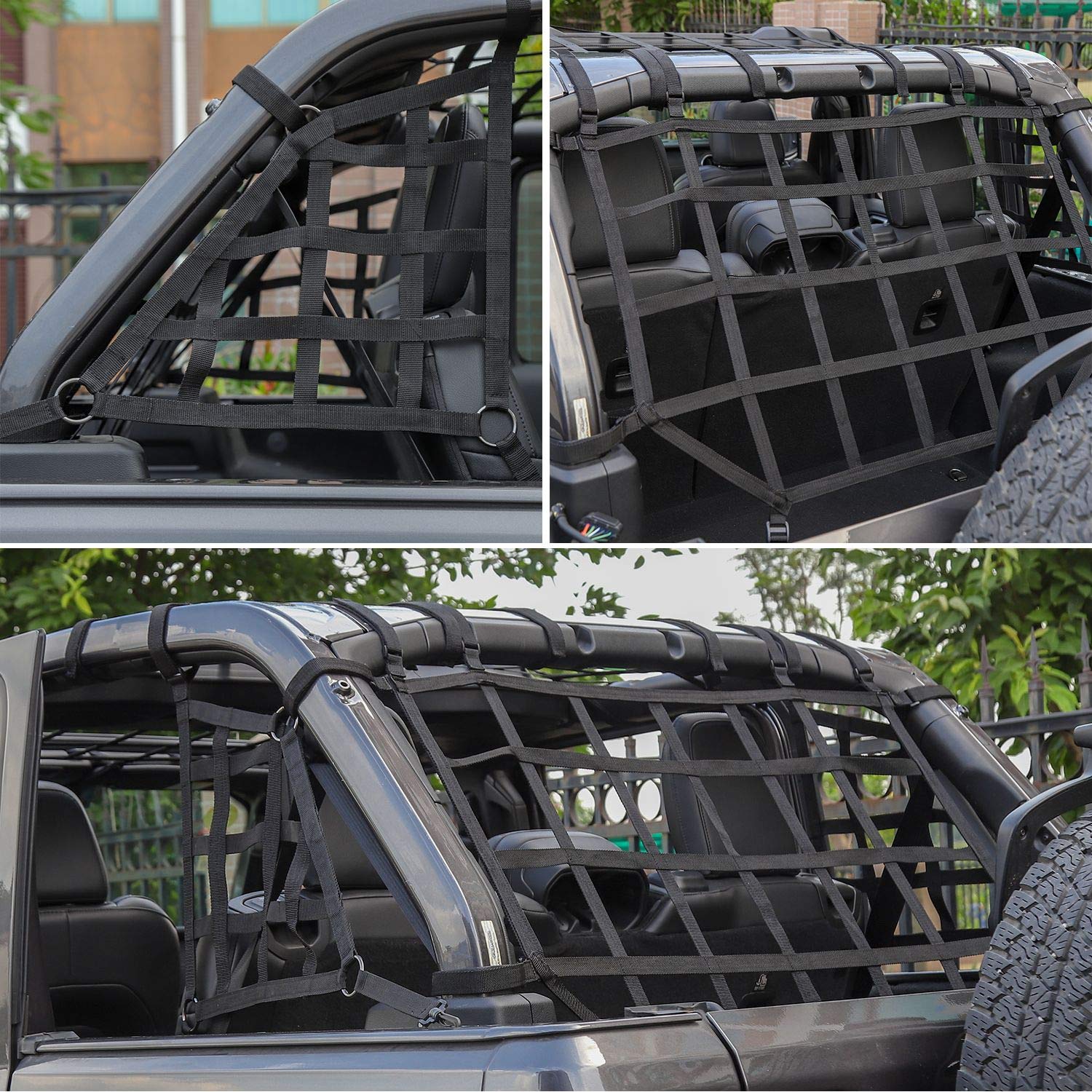 CheroCar 3-Pack Black Pet Barrier Net & Cargo Restraint for Jeep Wrangler 2018-2020 JL/JLU 4-Door (Rubicon/Sahara/X/Sport) - Trunk Organizer, Pet Safety & Luggage Protection for Road Trips & Off-Road Adventures