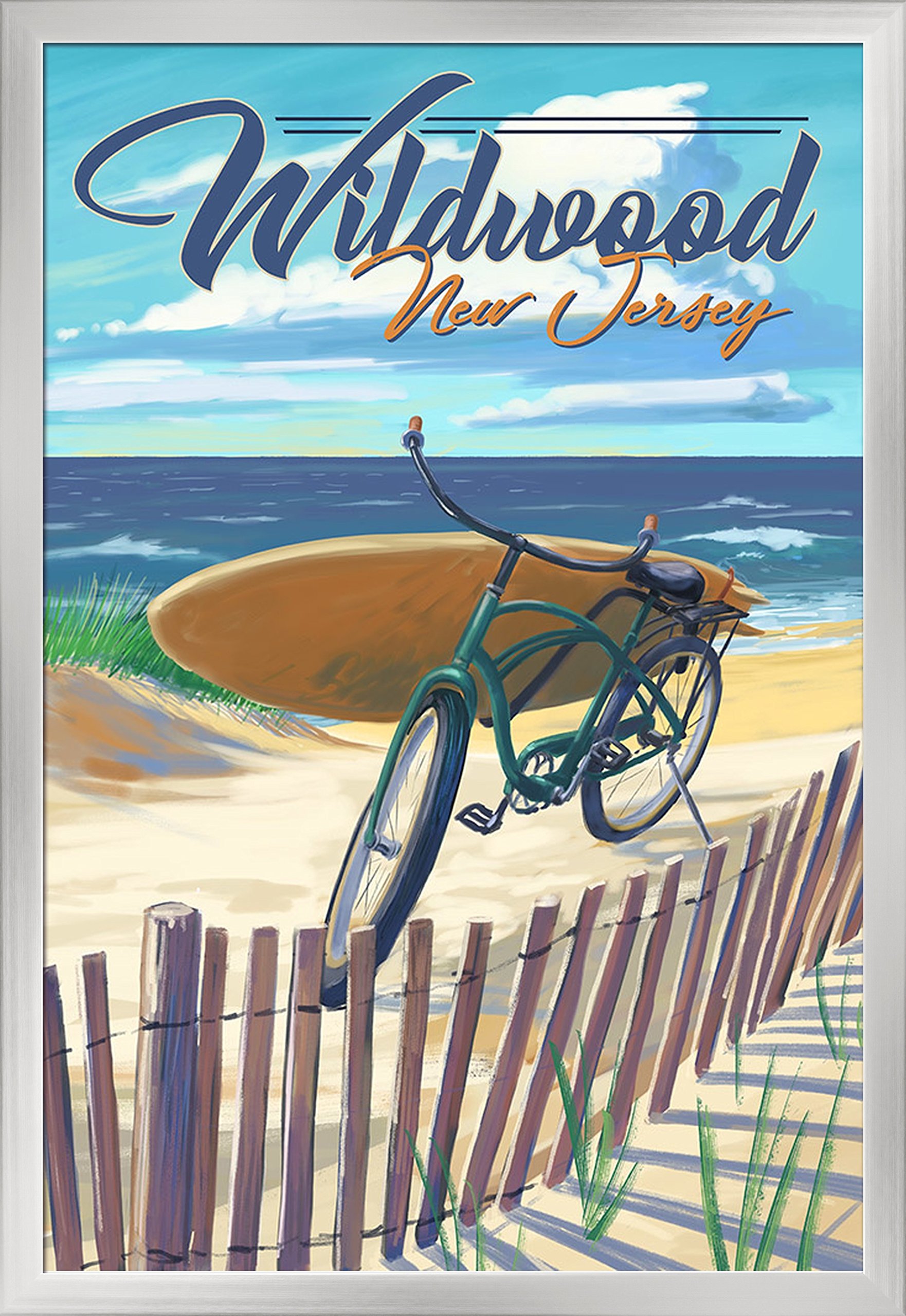 Wildwood New Jersey Beach Cruiser Bicycle Art Print - 24x36 Giclee Gallery Framed in Silver Wood - Coastal Wall Decor for Living Room, Bedroom & Office