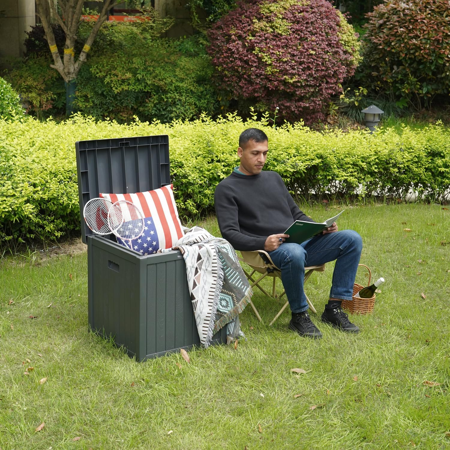 **51 Gallon Waterproof Deck Box with Lid - UV Resistant Plastic Resin Outdoor Storage Bin for Front Porch, Patio & Pool - Perfect for Organizing Cushions, Toys & Garden Supplies**