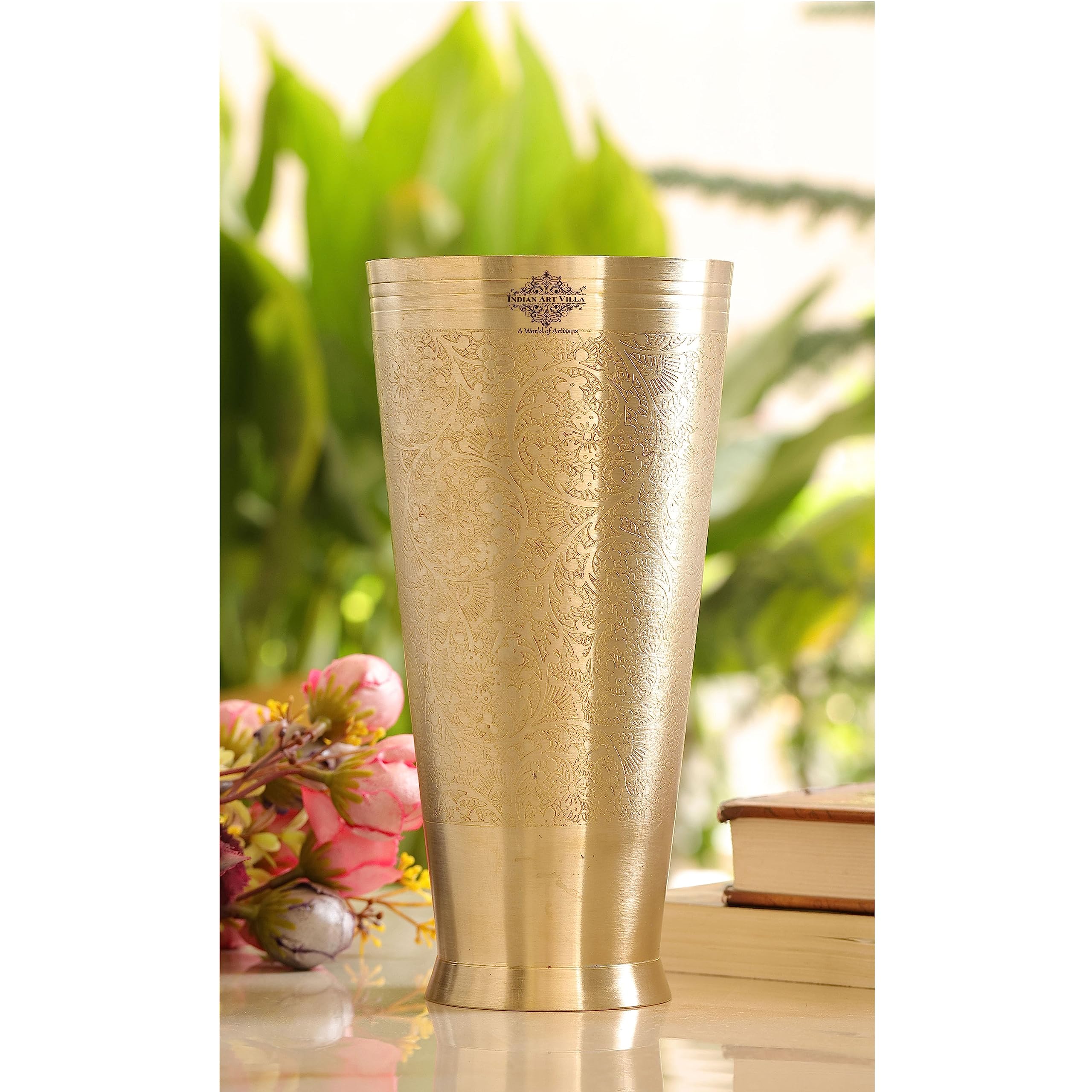 Premium Indian Brass Lassi Glass Tumbler Set - 54oz Embossed Flower Design Drinking Cups (Set of 2) - Perfect for Traditional Yogurt Drinks, Smoothies, and Chilled Beverages at Home or Restaurant
