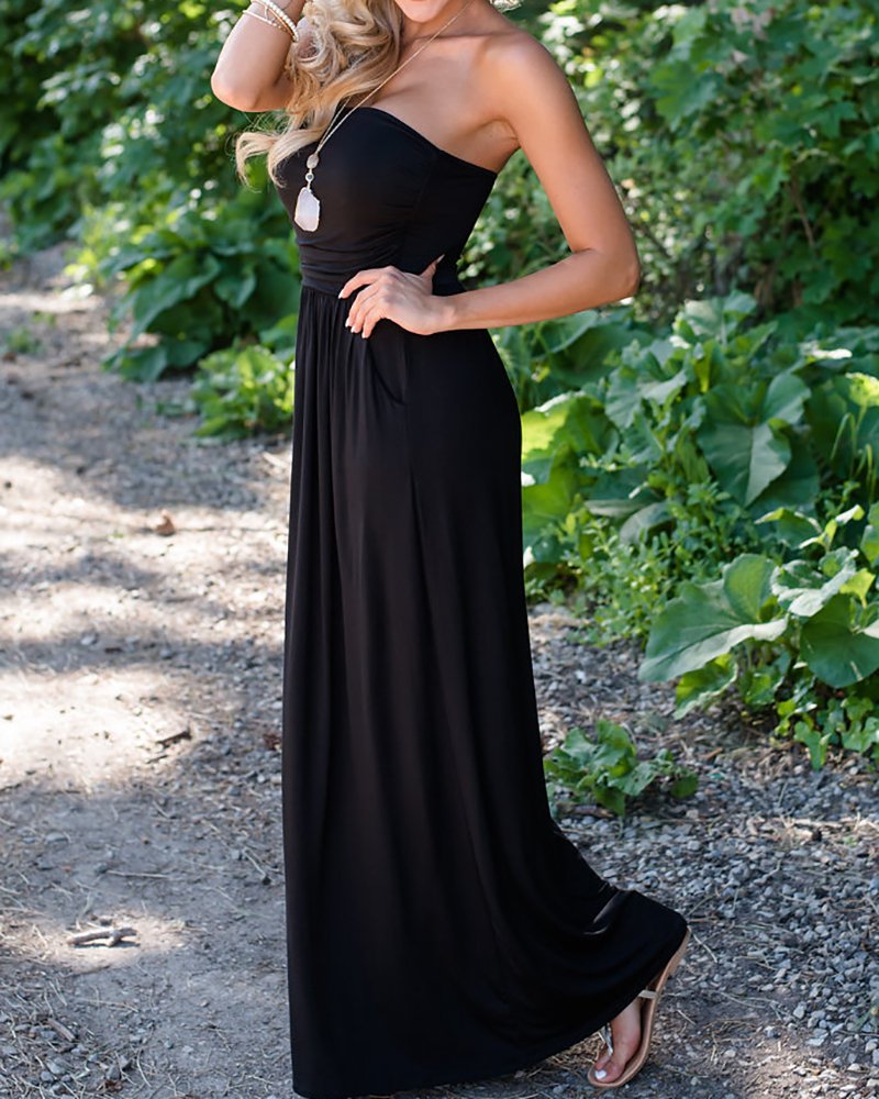 Ofenbuy Women's Off The Shoulder Maxi Dress - Summer Strapless Bandeau Long Dress with Pockets | Beach Wedding, Vacation, Party Wear