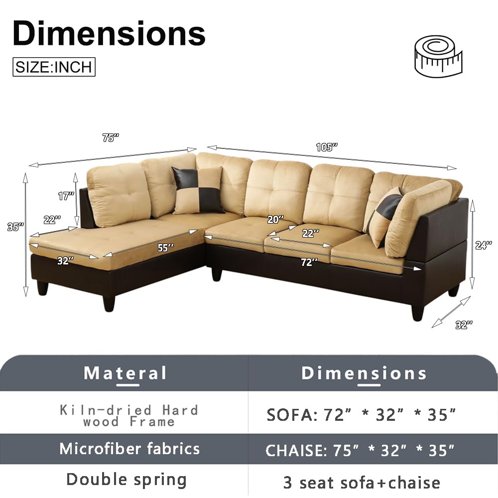 Ainehome 2-Piece L-Shaped Sectional Sofa Set - Soft Microfiber Couch with Chaise Lounge, Modern Living Room Furniture (Beige, Left-Facing) - Perfect for Small Spaces, Apartments & Cozy Family Gatherings