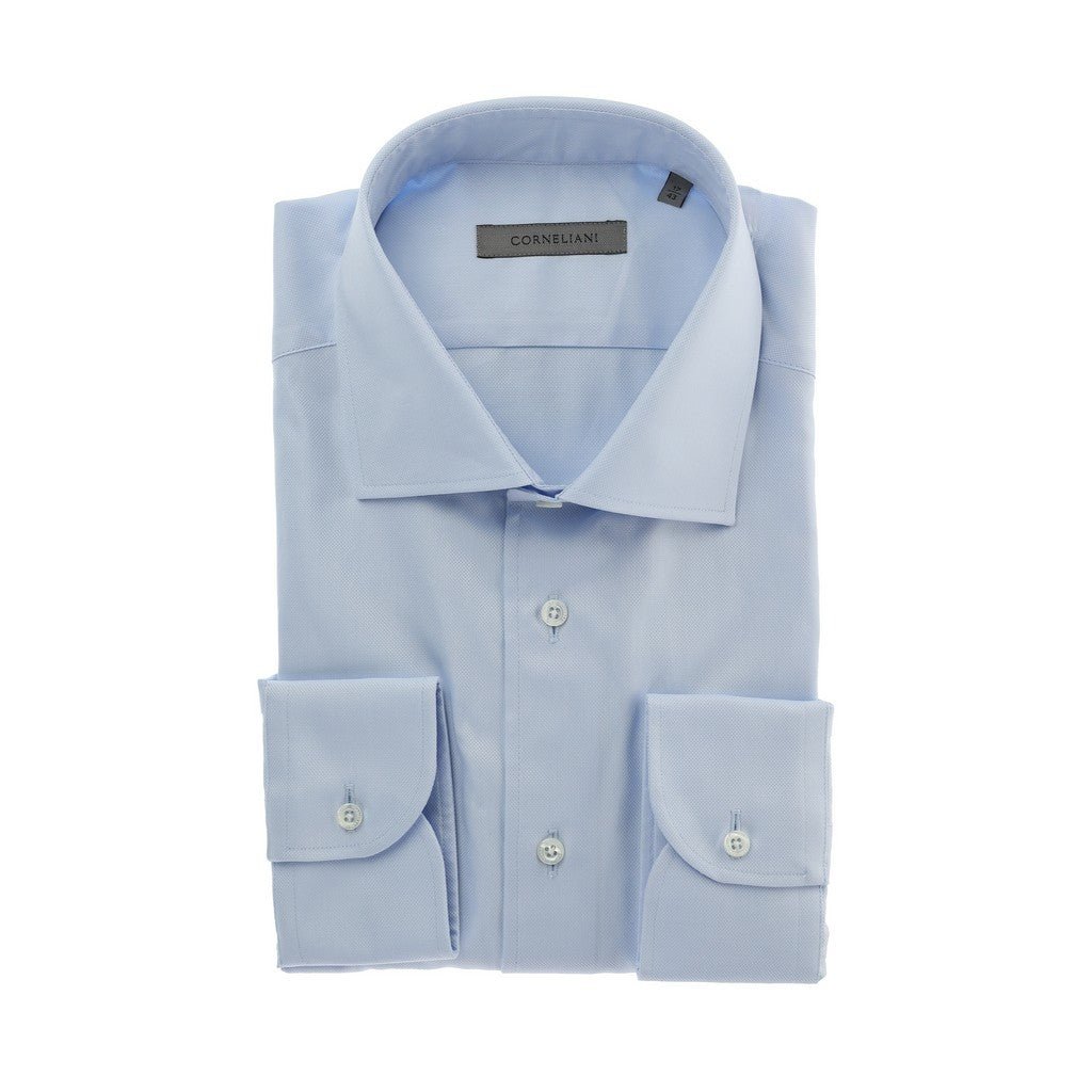Corneliani Tailored Fit Blue Oxford Cotton Dress Shirt for Men | Single Cuff Business Casual & Formal Wear