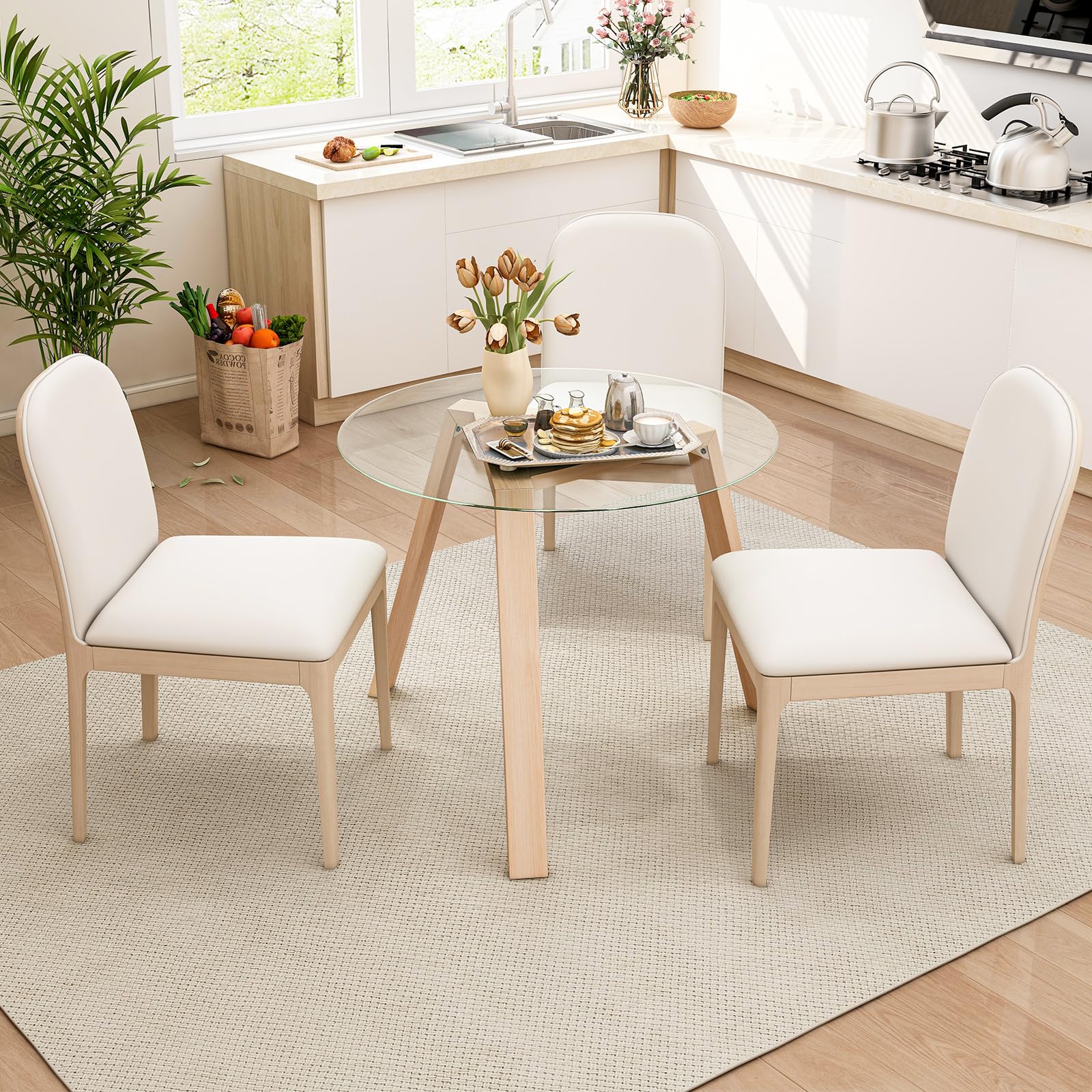 GOFLAME 36” Round Glass Dining Table for 4, Modern Kitchen Table with Tempered Glass Top & Rubber Wood Legs, Compact Coffee Table for Small Spaces, Perfect for Living Room, Dining Area, and Breakfast Nook