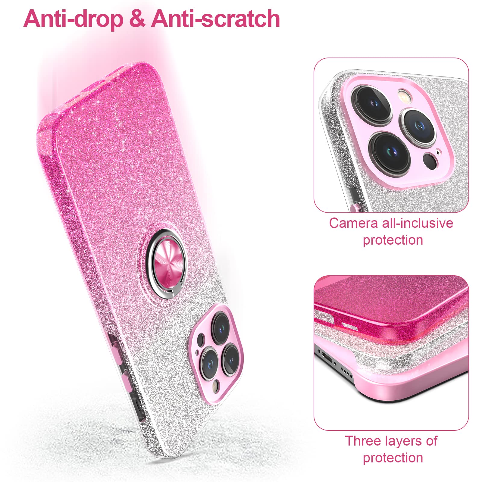 Sparkly Glitter iPhone 12 Pro Max Case with 360° Ring Holder & Magnetic Car Mount | Slim Shock-Absorbent Protective Cover for Women (6.7