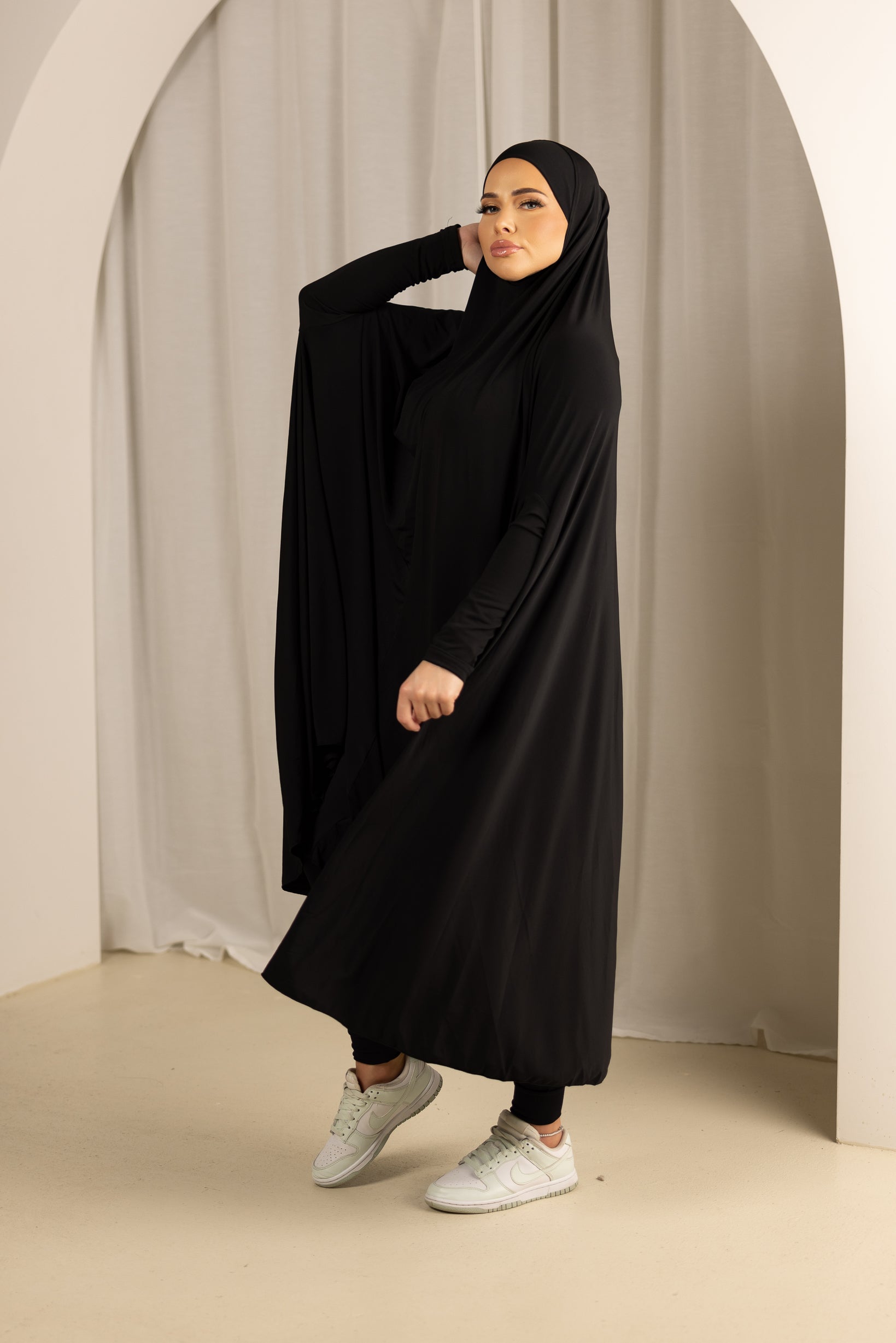 Modest Sleeve Jilbab with Cap in Elegant Black Shades - Perfect for Prayer, Travel & Everyday Wear