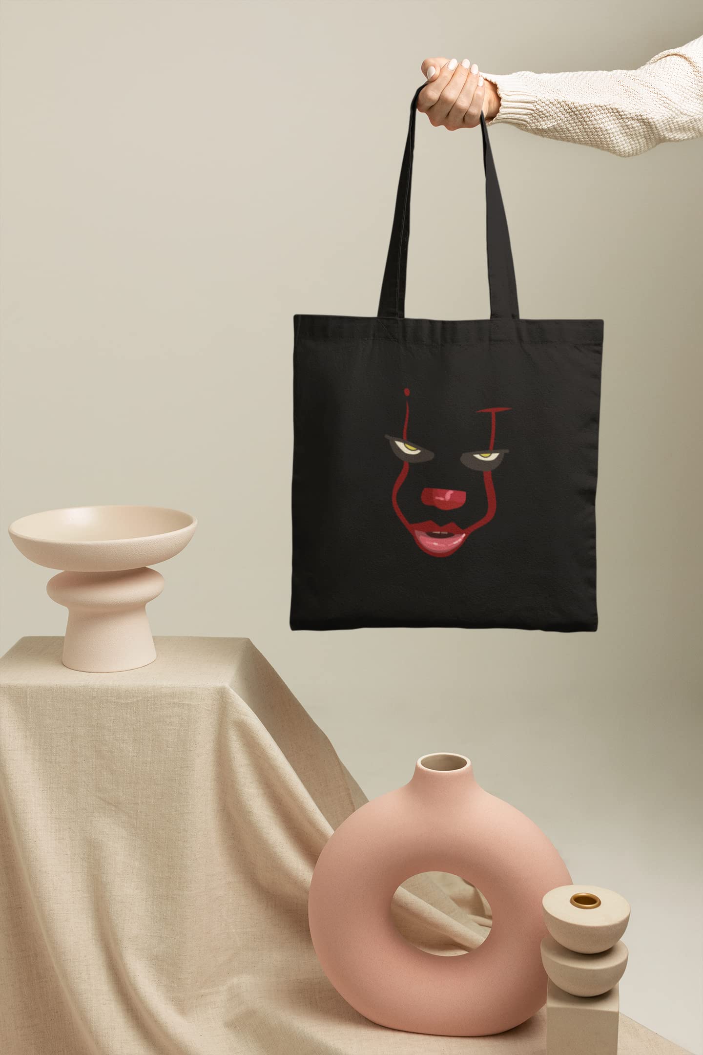 Scary Killer Clown Face Horror Halloween Canvas Tote Bag - Spooky Shoulder Handbag for Halloween Costume, Cosplay & Haunted House Parties