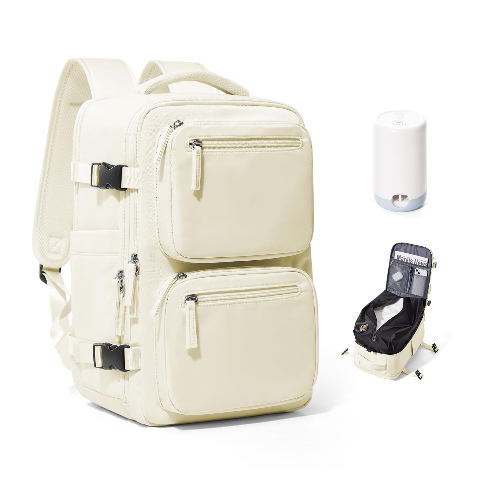 Suradar Vacuum Seal Travel Backpack with Air Pump - Compression Carry On Bag for Men & Women - TSA Approved Flight Backpack, Hiking, Work & Weekender Daypack in Beige - Perfect for Travel, Camping & Outdoor Adventures