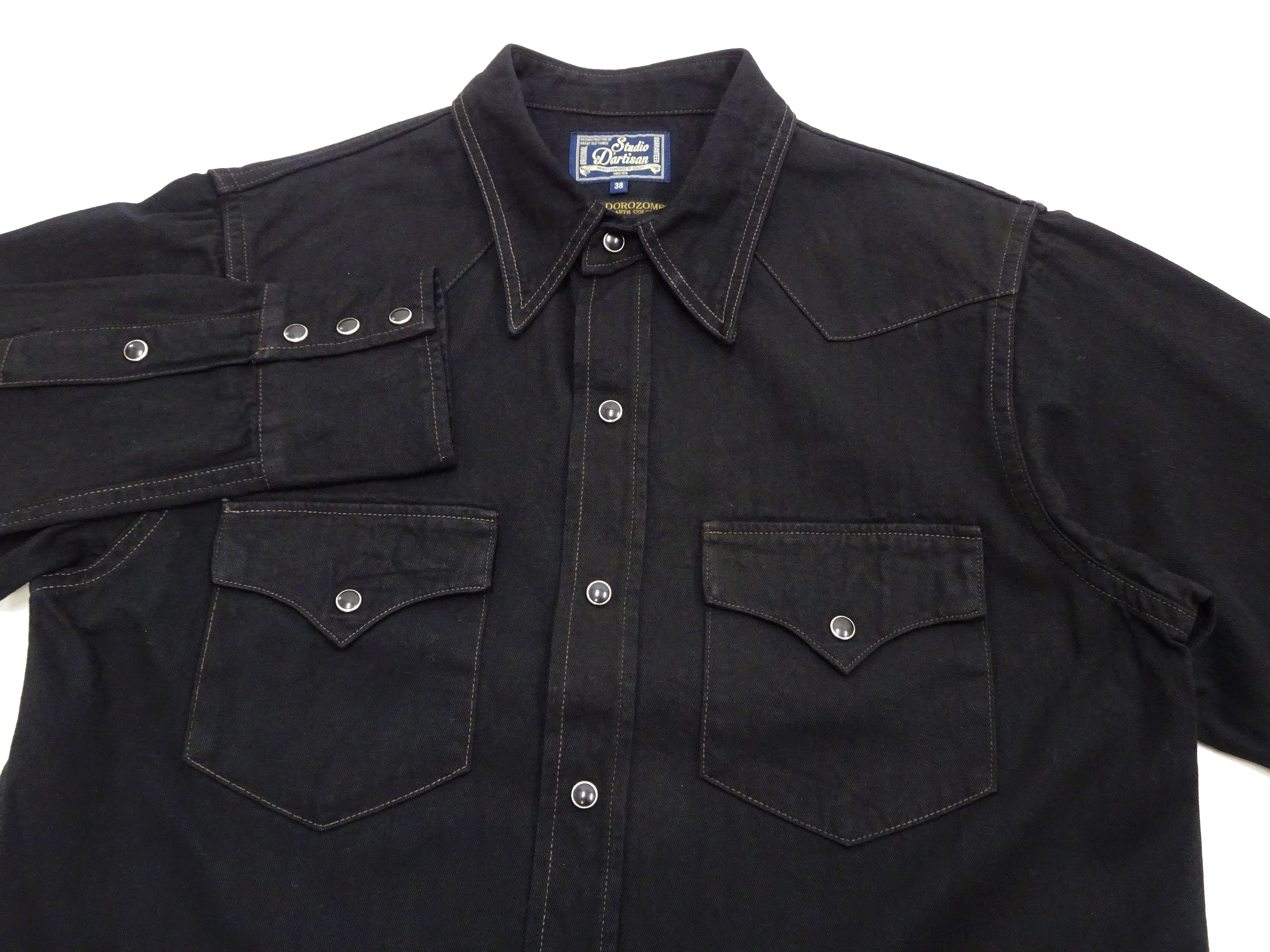 Studio D'artisan Men's Black Western Shirt - Casual Amami Mud Dyed Long Sleeve Snap Button Shirt SDA SP 124 - Perfect for Cowboy Style, Vintage Fashion & Everyday Wear
