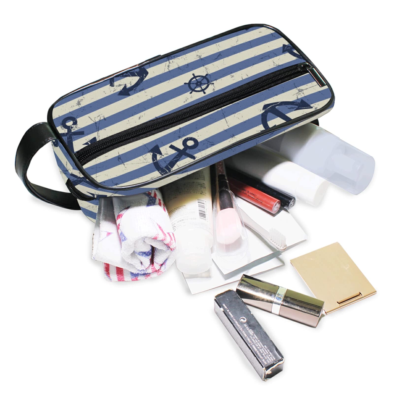 Large Capacity Waterproof Makeup Organizer Bag - Retro Stripes Navy Blue Anchor Design, Travel Cosmetic Case & Toiletry Storage Pouch for Women | Perfect for Travel, Gym, Beach & Daily Use