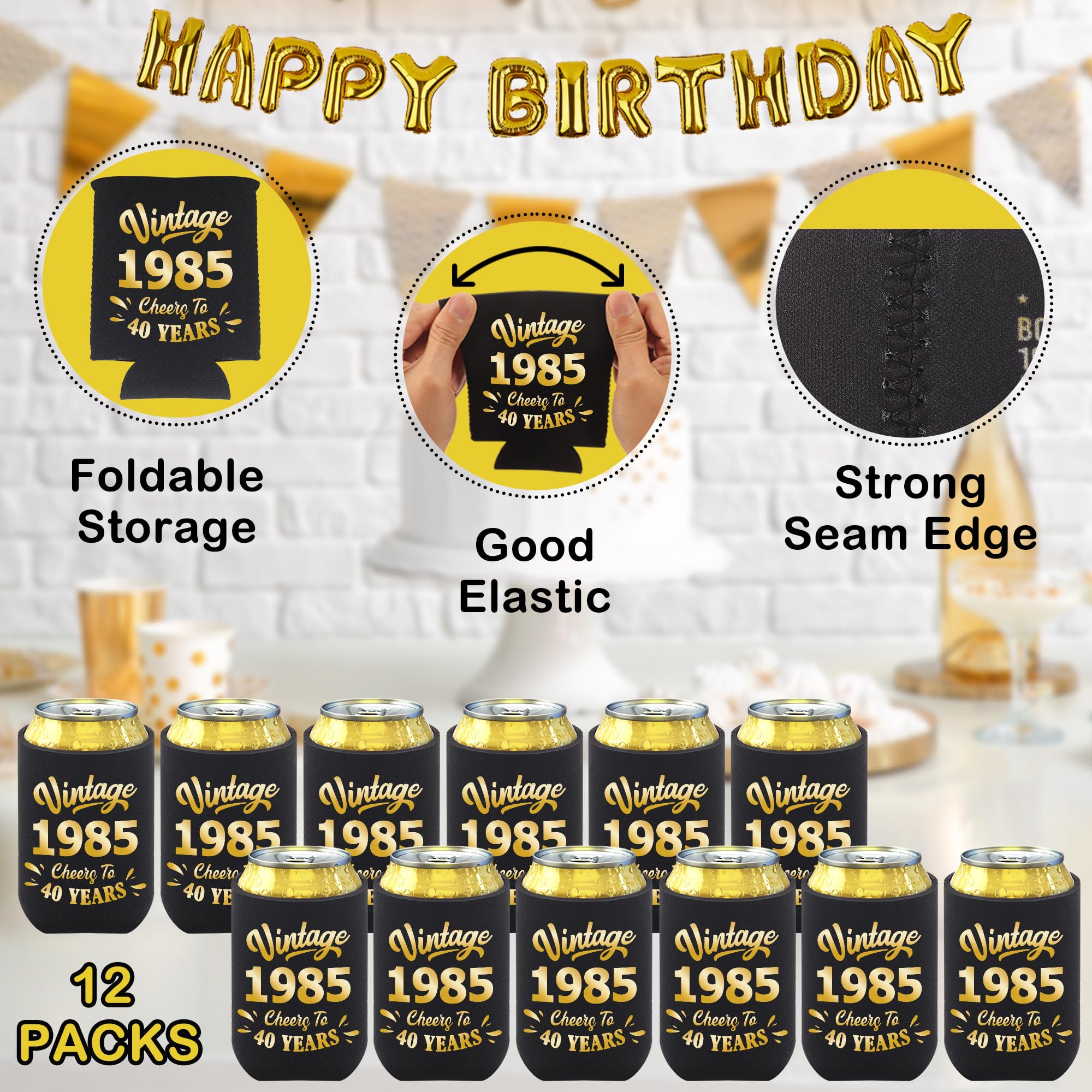 40th Birthday Party Decorations for Men & Women - Black & Gold Pack of 12 Can Cooler Sleeves - Perfect for 40th Birthday Gifts, Party Favors & Supplies - Great for Backyard BBQs, Pool Parties & Anniversary Celebrations