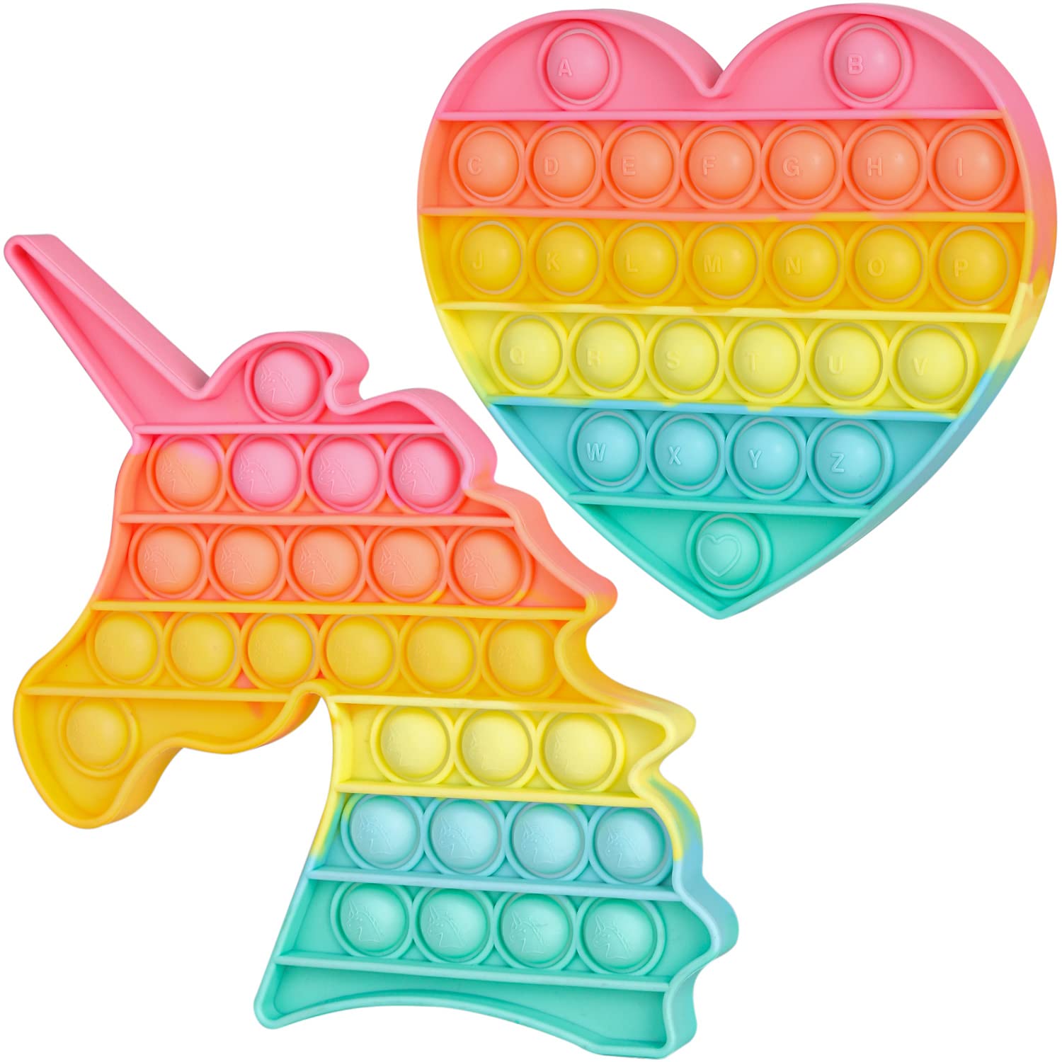 HiUnicorn 2 Pack Unicorn Poppers Pop Fidget Toys - Pastel Rainbow Heart Push Bubble Sensory Toys for Kids, Alphabet Learning & Stress Relief - Perfect for School, ADHD Focus & Anxiety Relief at Home or Office