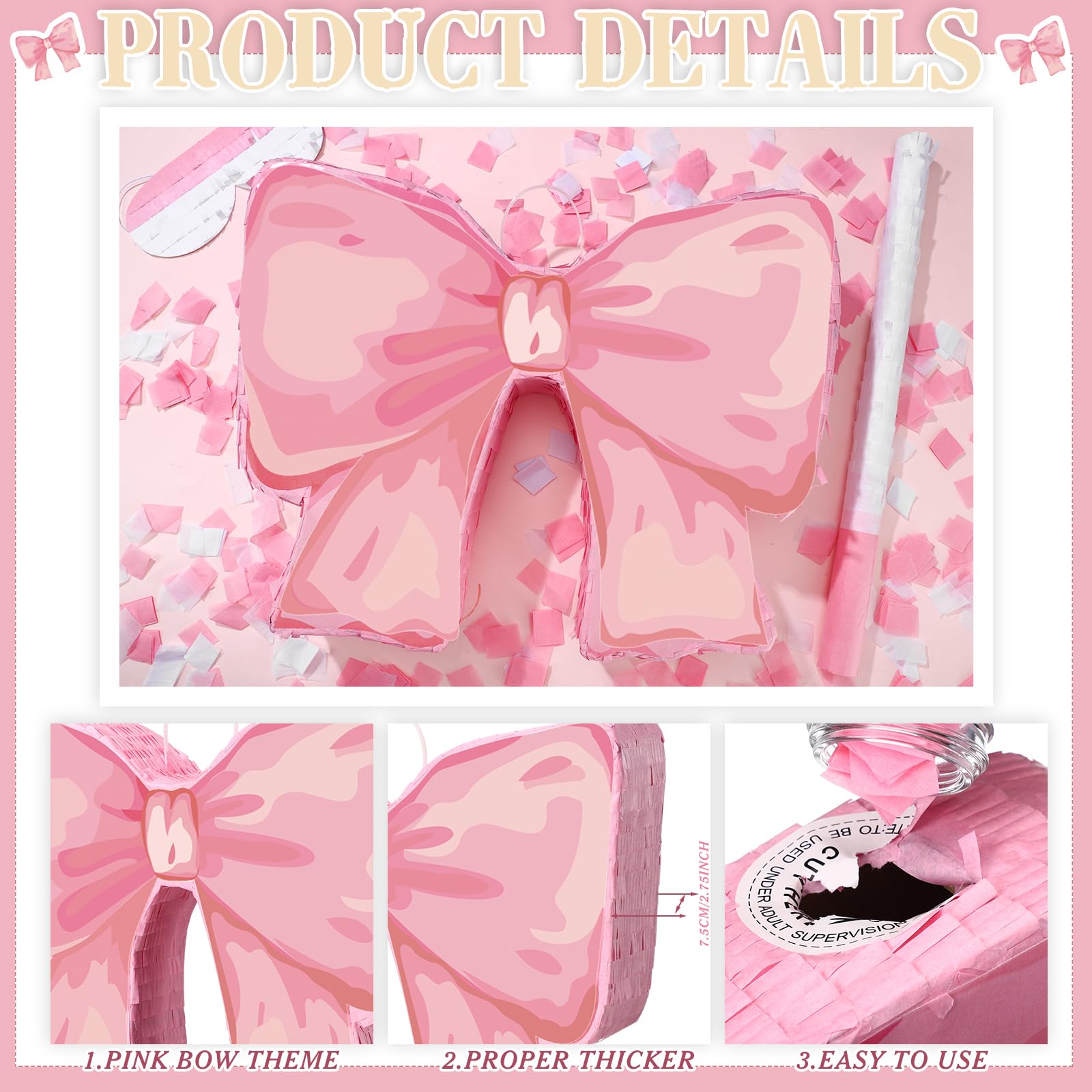 Coquette Pink Bow Pinata for Girls Birthday Party - Includes Blindfold, Bat & Confetti - Perfect for Birthday Decorations & Party Supplies | Great for Themed Parties, Baby Showers & Gender Reveals