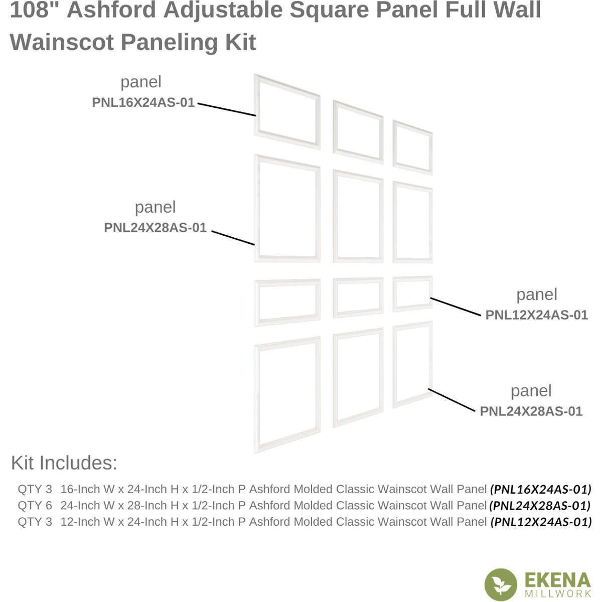 Ashford Square Panel Full Wall Wainscot Paneling Kit - Premium DIY Wall Paneling for Home & Office Decoration - Perfect for Living Room, Bedroom, Dining Room & Hallway Makeovers