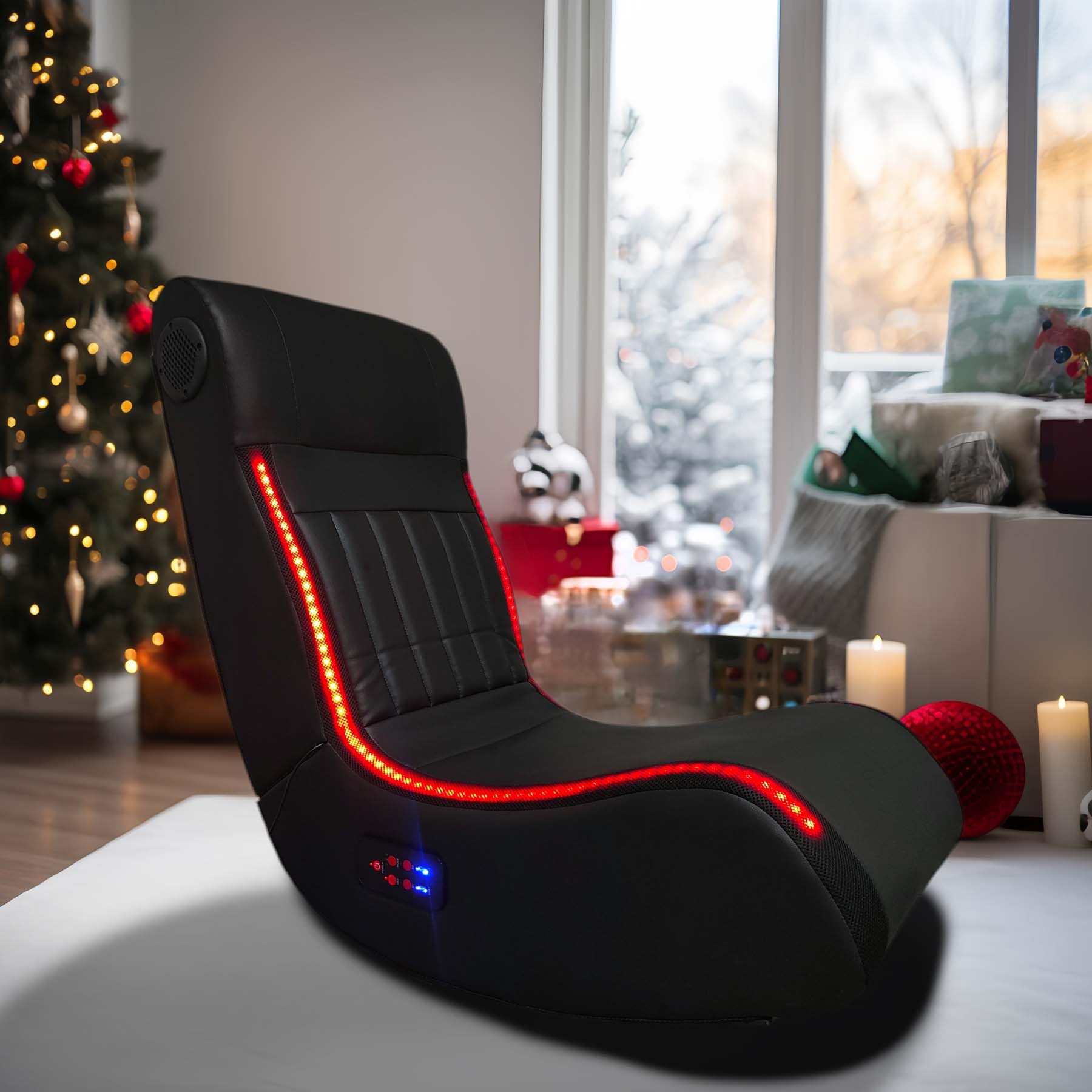 Foldable Floor Gaming Chair with Built-in Speakers & LED Lights - Ergonomic Video Game Chair for Adults & Kids - USB Port & Massage Function - Perfect for Gaming, Movie Nights & Relaxation (Black)