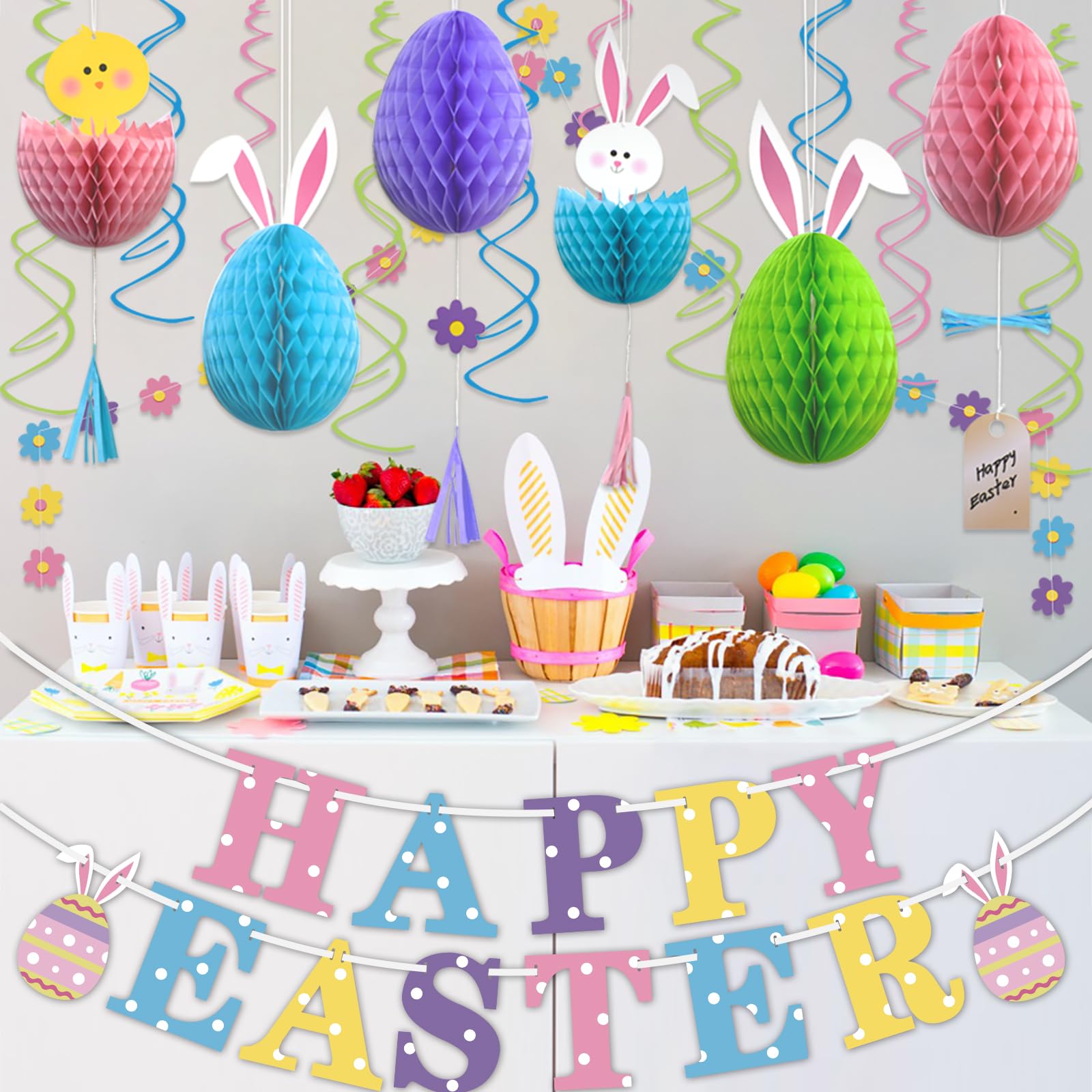 Easter Bunny Egg Hanging Swirl Banner - Honeycomb Party Decorations for Home, Office, School - Spring Festival & Easter Party Supplies - Perfect for Easter Egg Hunts, Classroom Decor, and Holiday Celebrations