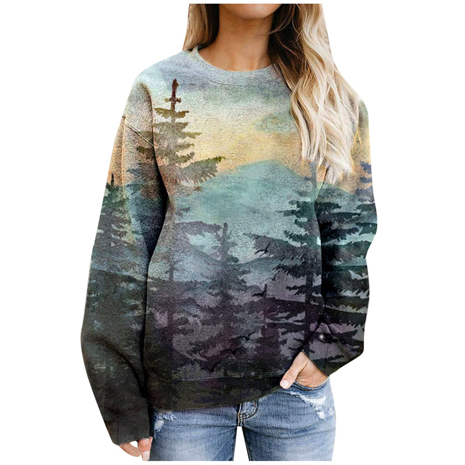 Women's Long Sleeve Round Neck Blouse with Tree Landscape Print - Elegant Flowy Tops for Work, Casual Outfits & Spring Layering