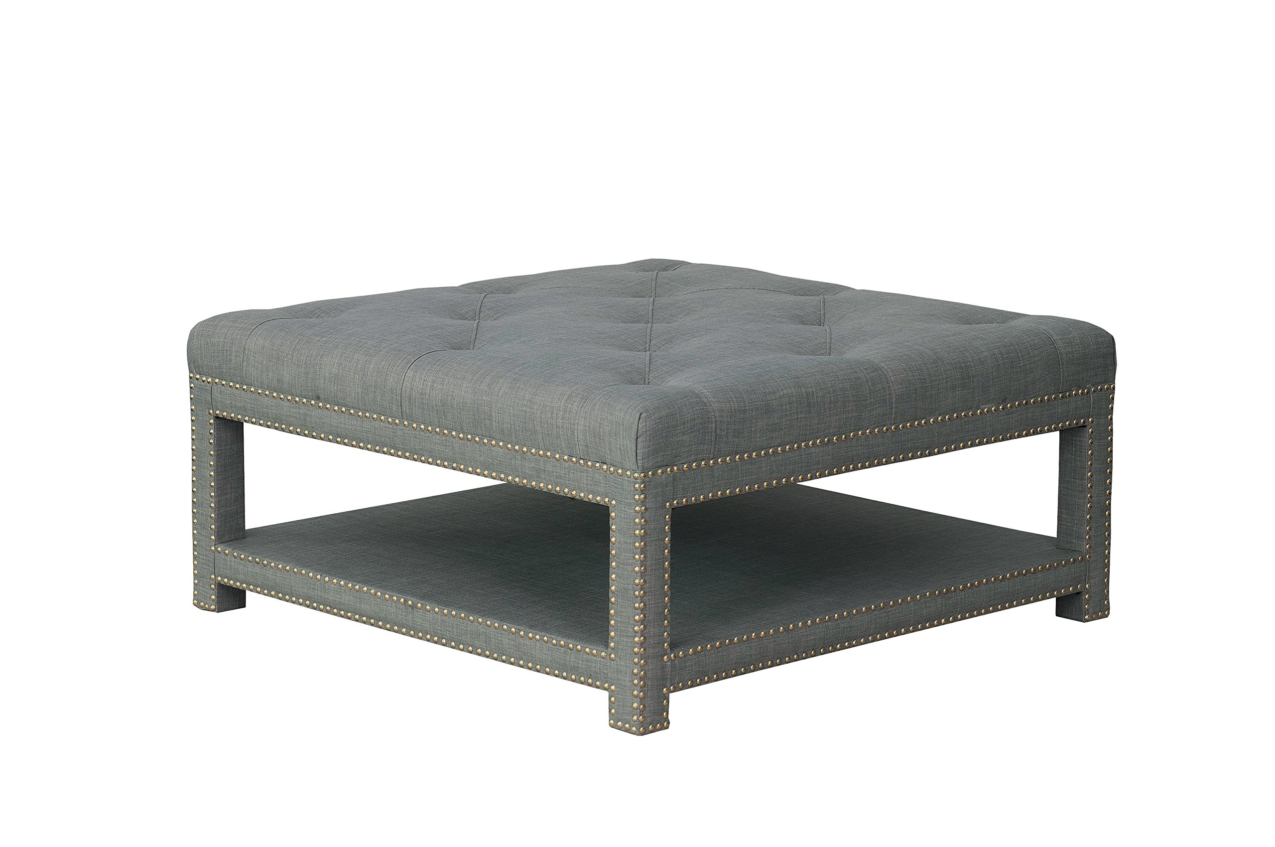 Bina Coffee Table Ottoman - 2-Layer Tufted Linen Bench with Nailhead Trim for Living Room