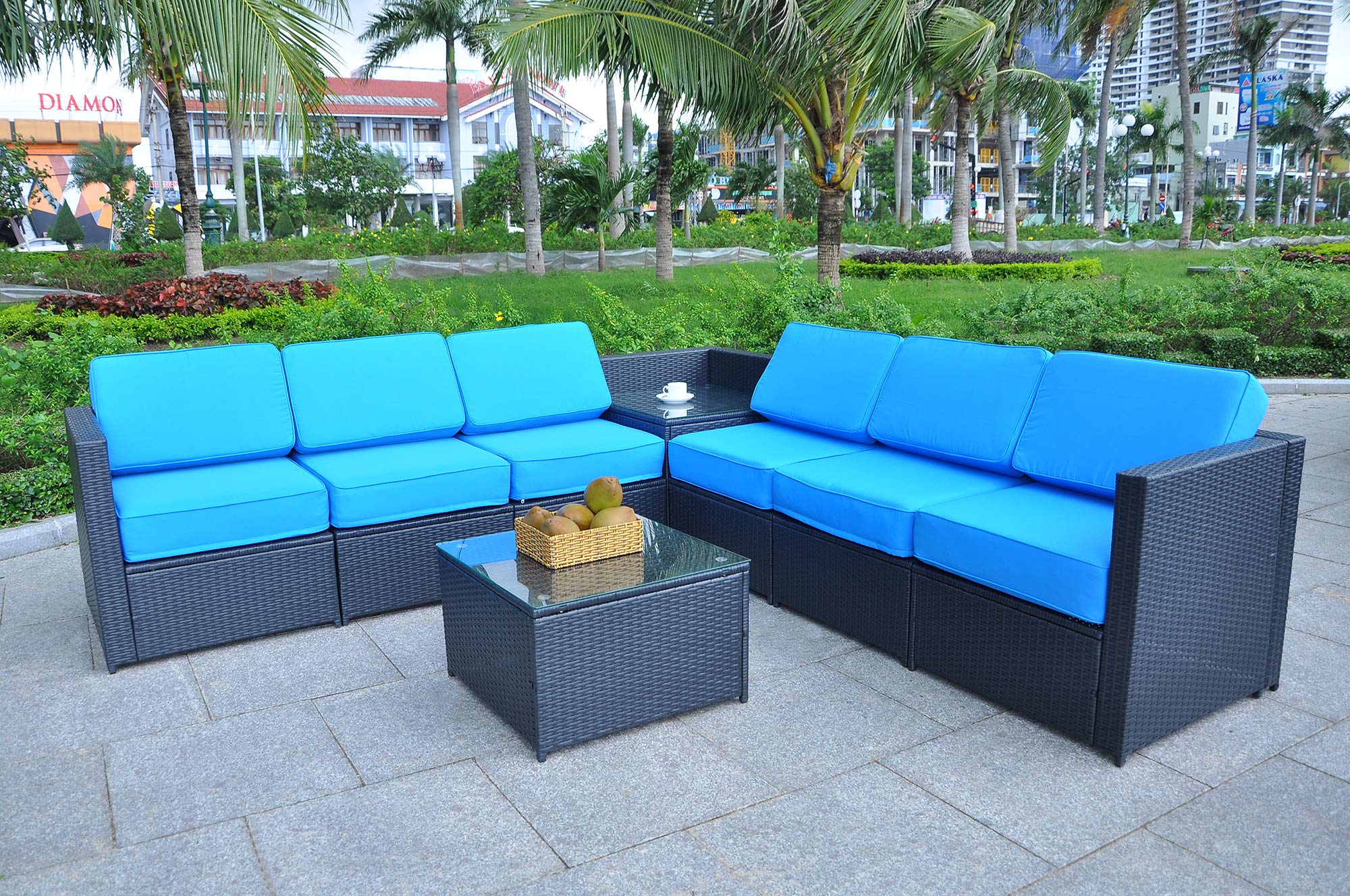 MCombo Outdoor Patio Furniture Set - Black Resin Wicker Sectional Sofa with Blue Cushion Covers, All-Weather Rattan Conversation Set 6085-1008 - Perfect for Backyard, Garden, Poolside & Patio Relaxation