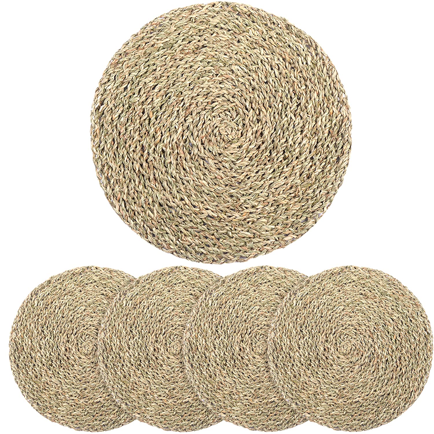 Homania 4-Piece Round Boho Woven Cork Placemats Set - Natural Rattan Wicker Chargers & Seagrass Table Mats (11.8 Inch) for Dining, Kitchen Decor, and Party Settings