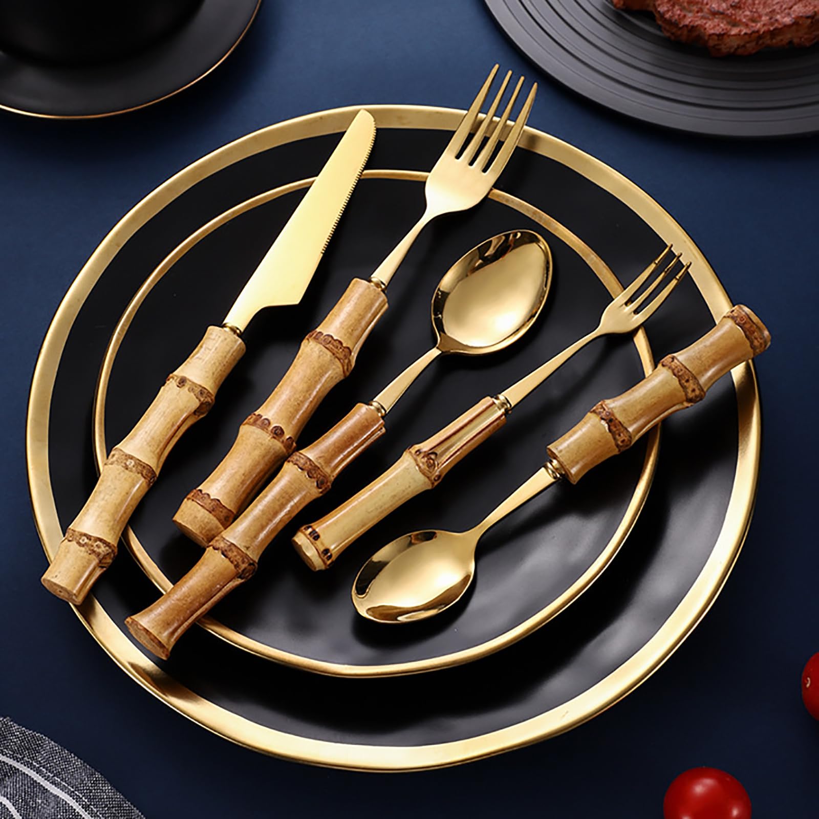Eco-Friendly Bamboo Cutlery Set for 6 - Reusable Bamboo Forks & Spoons with Stainless Gold Tips, Sustainable Flatware Utensils for Adults | Perfect for Camping, Picnics & Zero-Waste Living (Yellow)