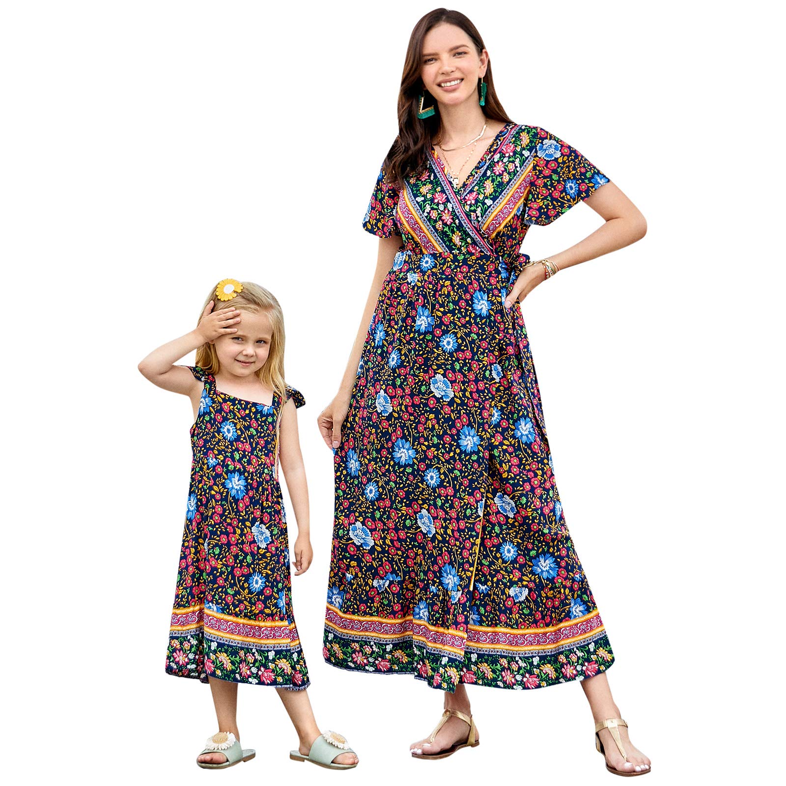 PopReal Mommy and Me Dresses - Boho Casual Maxi & Short Summer Dresses with V Neck Wrap & Floral Print - Perfect for Family Photos, Beach Vacations, and Outdoor Events