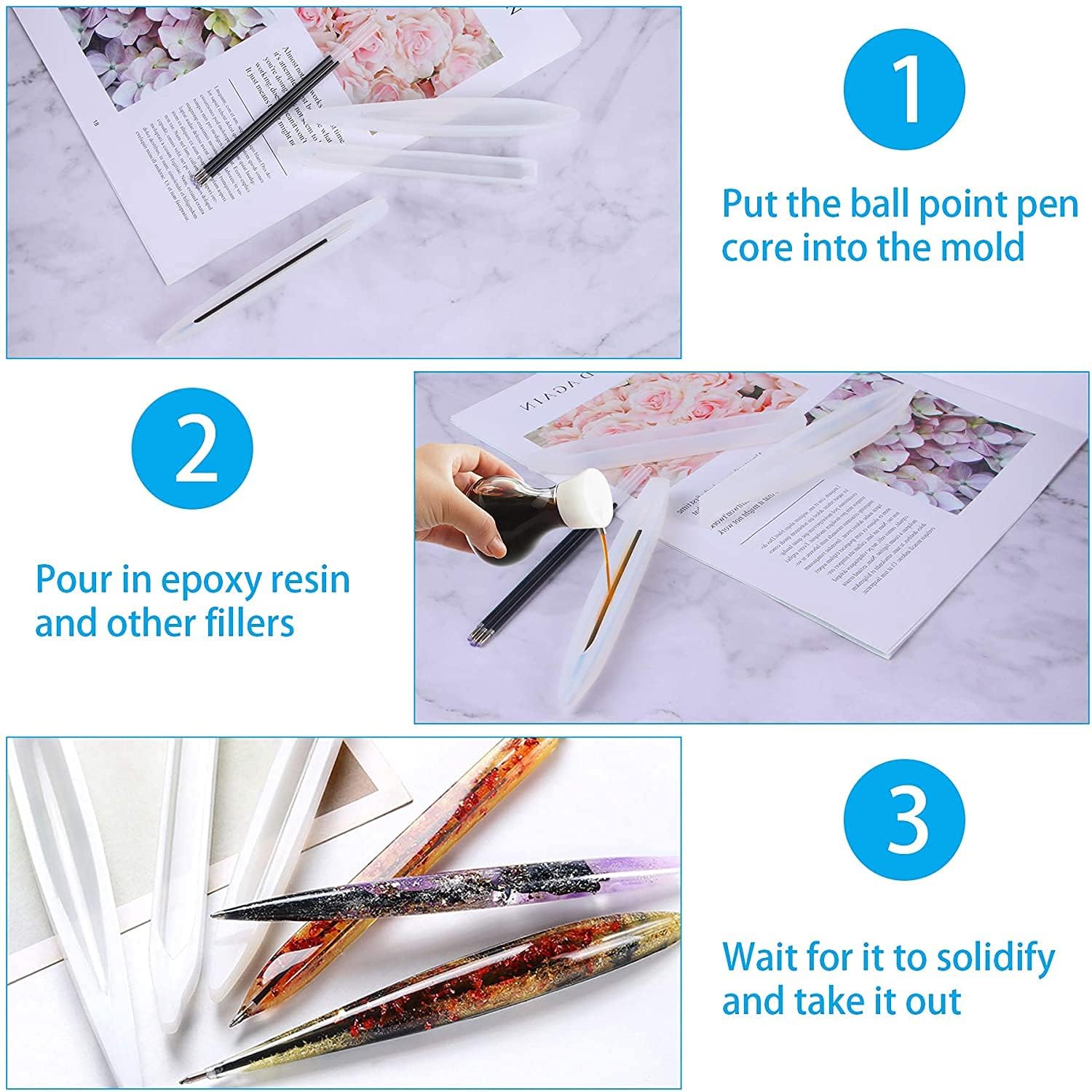 JANYUN 3-Piece Ballpoint Pen Silicone Molds Set for DIY Resin Crafts - Epoxy Resin Casting Molds with 75 Refills (Black & Blue) - Perfect for Handmade Pens, Jewelry Making, and Creative Gift Ideas