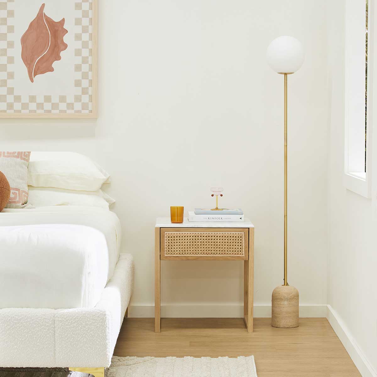 Avalon Marble Rattan Bedside Table - Modern Nightstand with Storage Shelf for Bedroom, Living Room & Guest Room - Stylish and Functional Home Decor