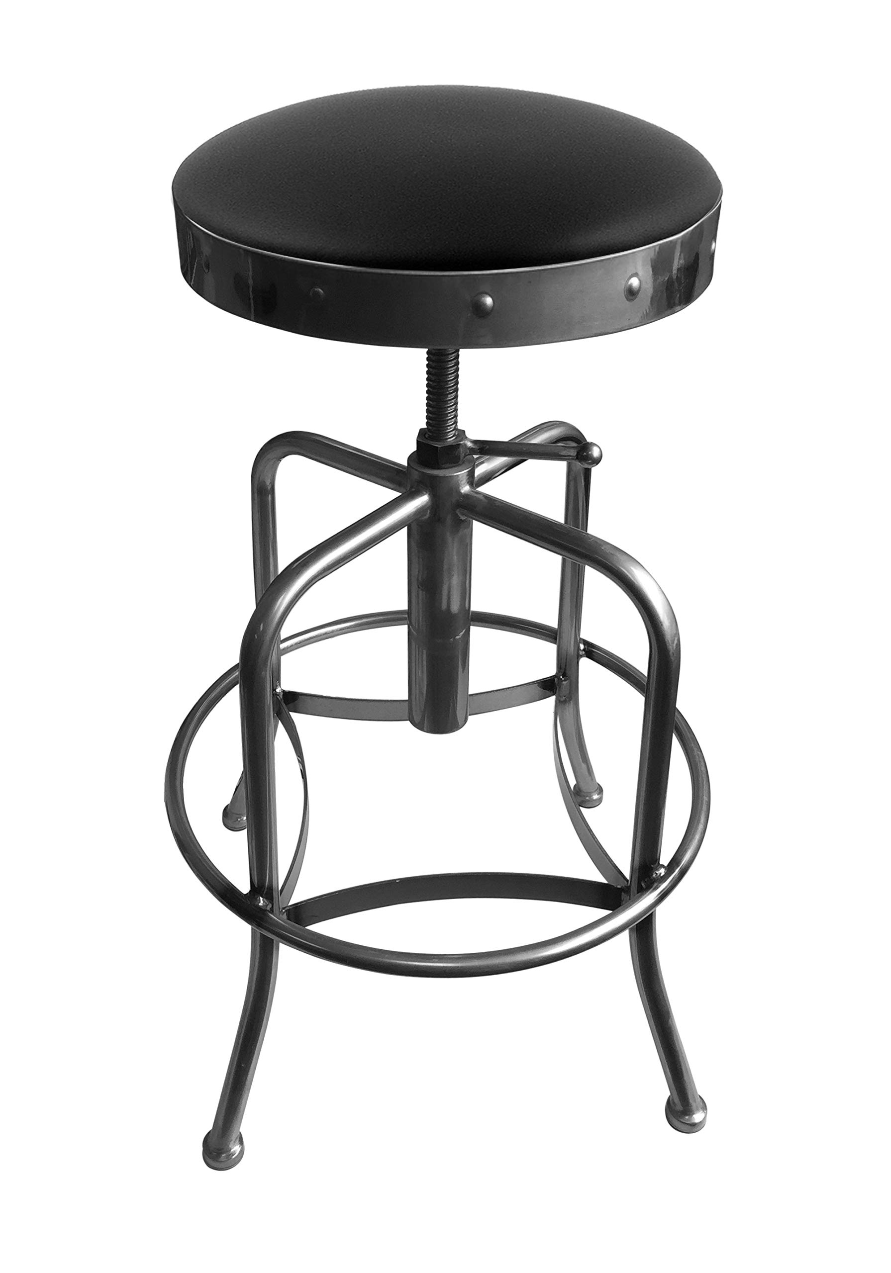 Adjustable Industrial Stool with Black Vinyl Seat & Clear Coat Finish - Heavy Duty Workshop Stool for Garage, Factory, and Office Use