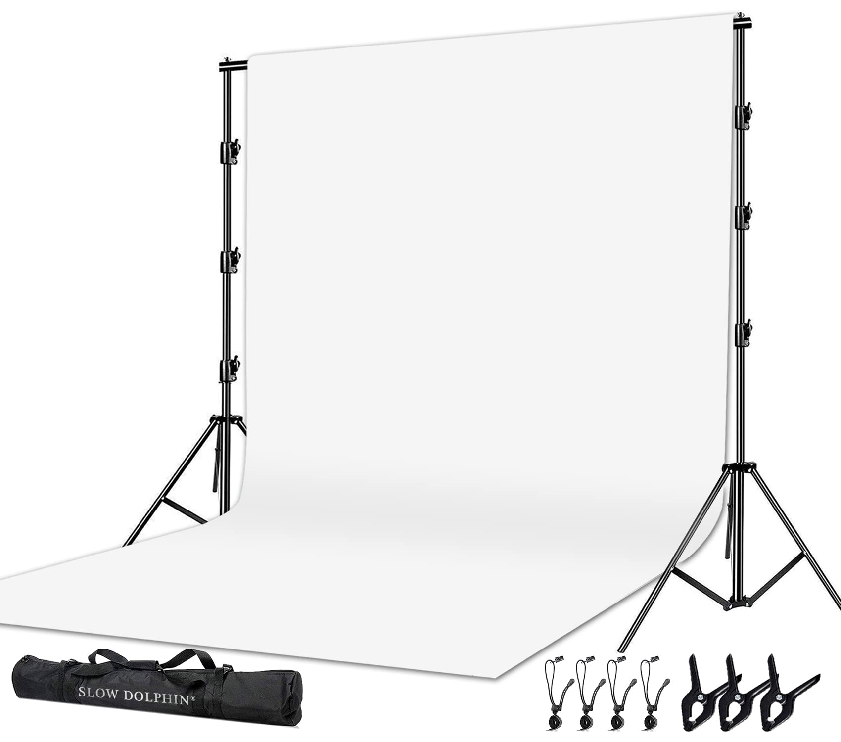 SLOW DOLPHIN 10x12ft White Cotton Muslin Backdrop with 10x10ft Stand - Photography Background Support Kit with Clamps, Clips & Carry Bag - Perfect for Photo Studios, Video Shoots, and Portrait Photography