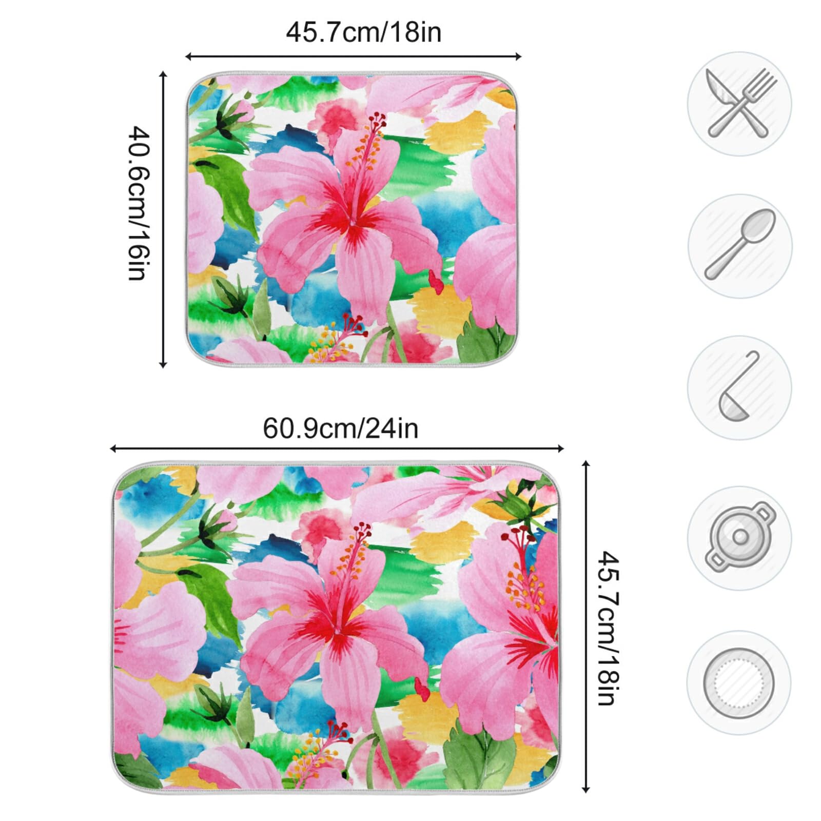 Floral Dish Drying Mat - 18x24 Inch Absorbent Microfiber Kitchen Counter Mat, Washable Dish Rack & Drainer Pad for Dishes, Cups & Utensils - Perfect for Countertop Drying After Washing