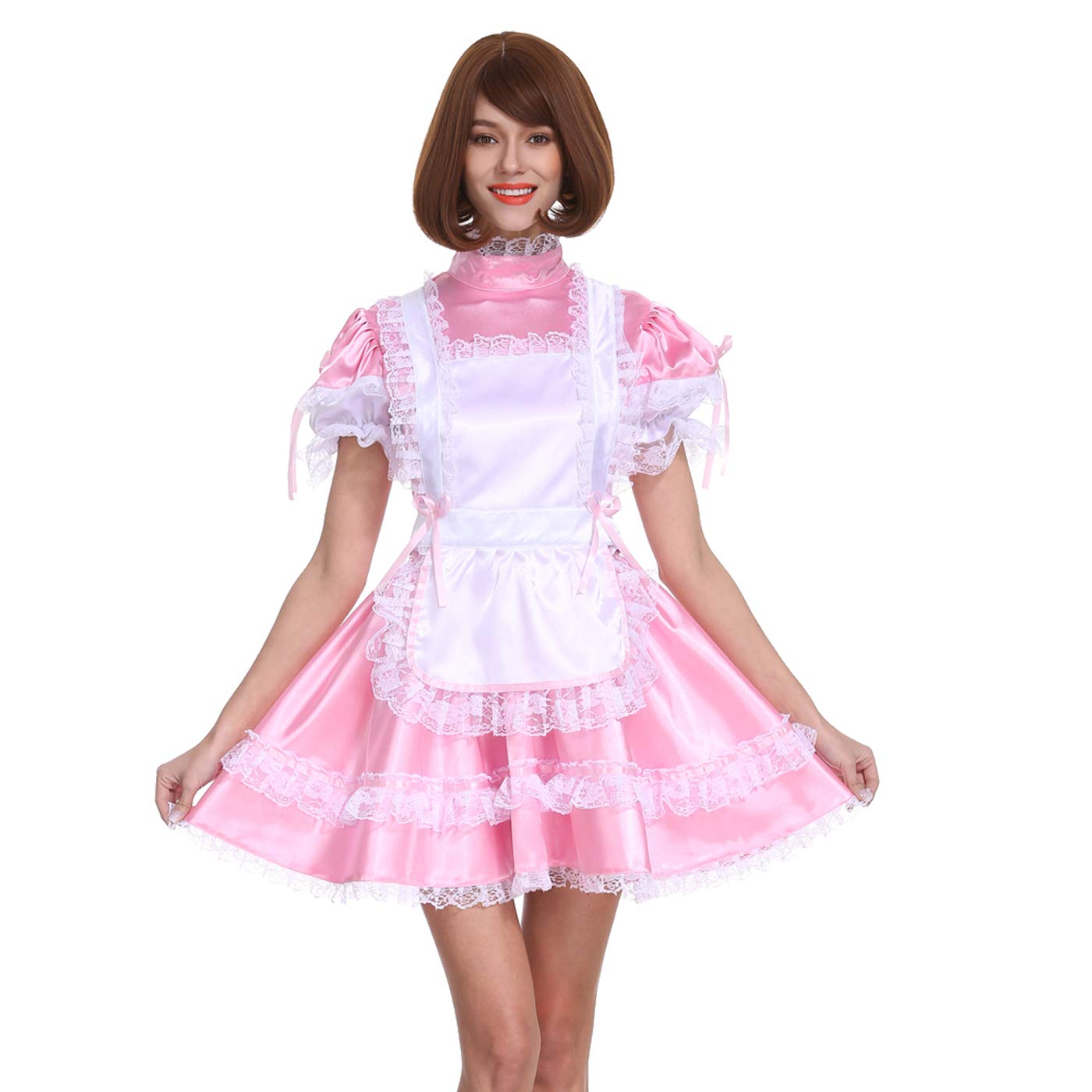 **Pink Satin Lockable Maid Dress for Women - Crossdress Costume & Role Play Outfit - Perfect for Cosplay, Halloween, and Fetish Parties**