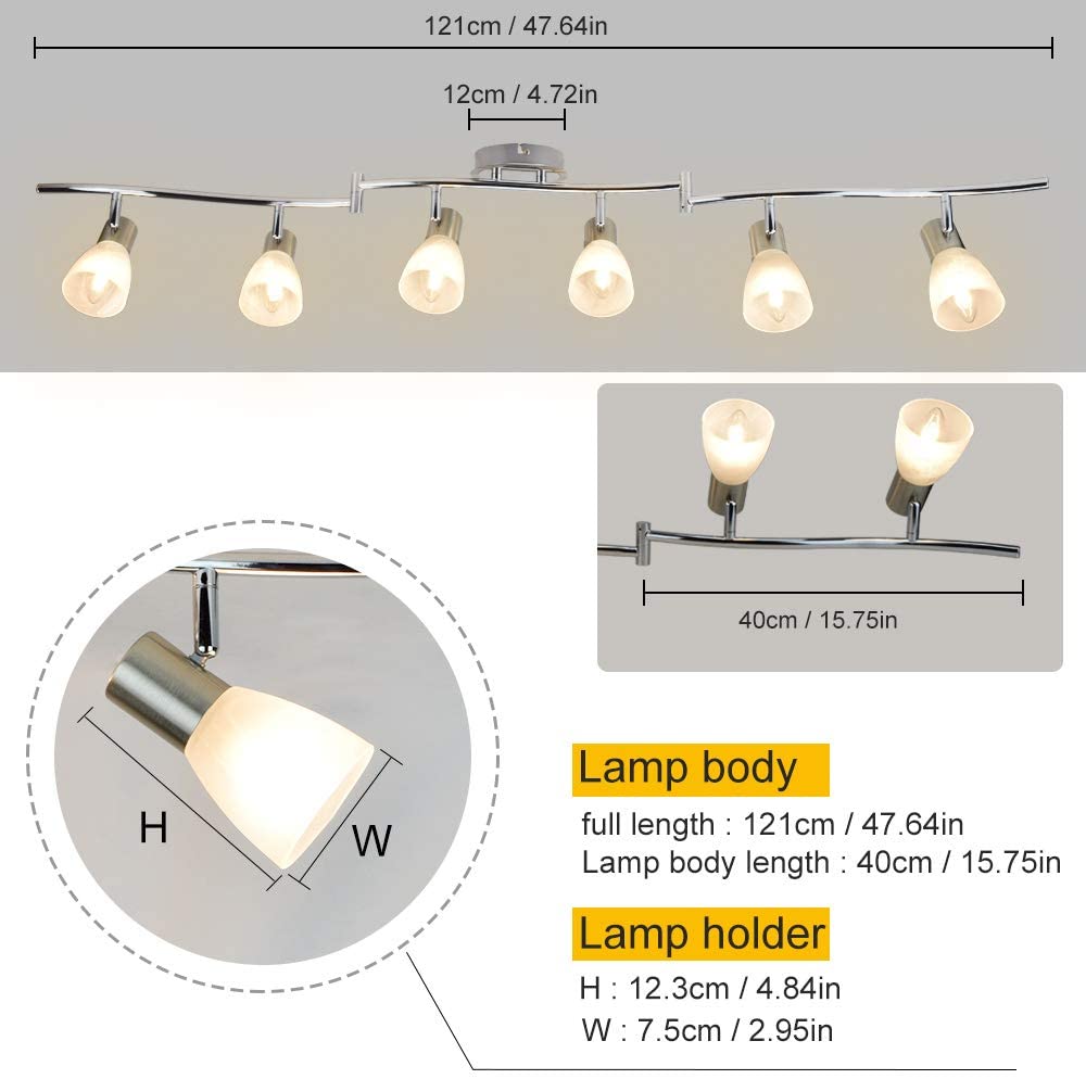 DLLT 6-Light Flexible Track Lighting Rail System - Modern Adjustable LED Spot Ceiling Fixture with Glass Shade - Brushed Steel Finish - Perfect for Living Room, Dining Room, Bedroom & Kitchen Lighting