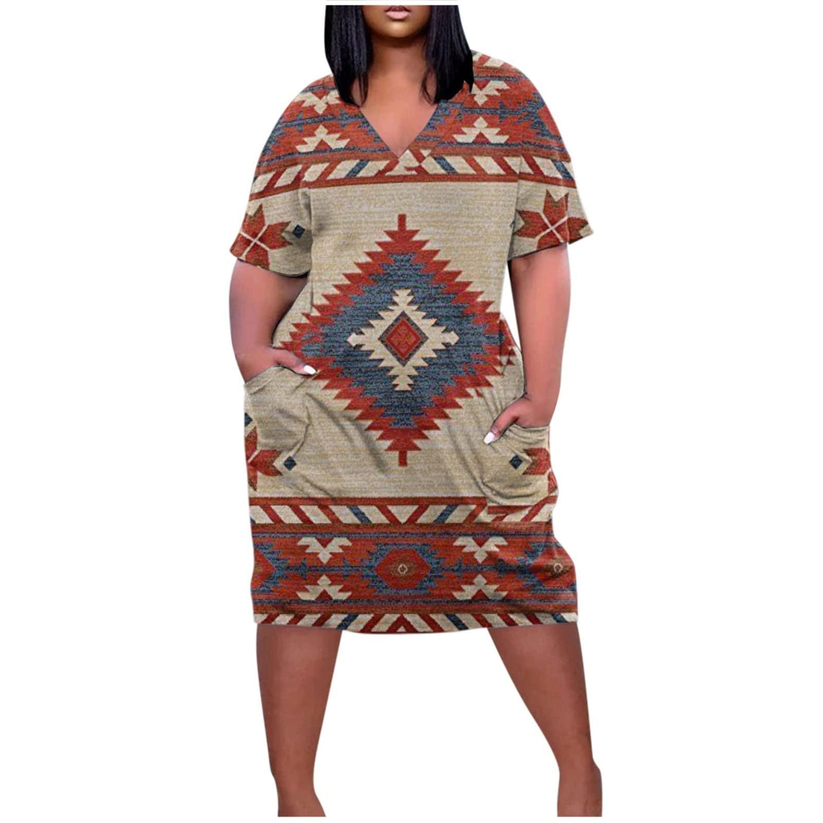 LOOKAA Women's Plus Size Summer T-Shirt Dress - Short Sleeve V-Neck Loose Oversized Graphic Tee Dress for Casual Wear, Beach, Vacation & Everyday Comfort