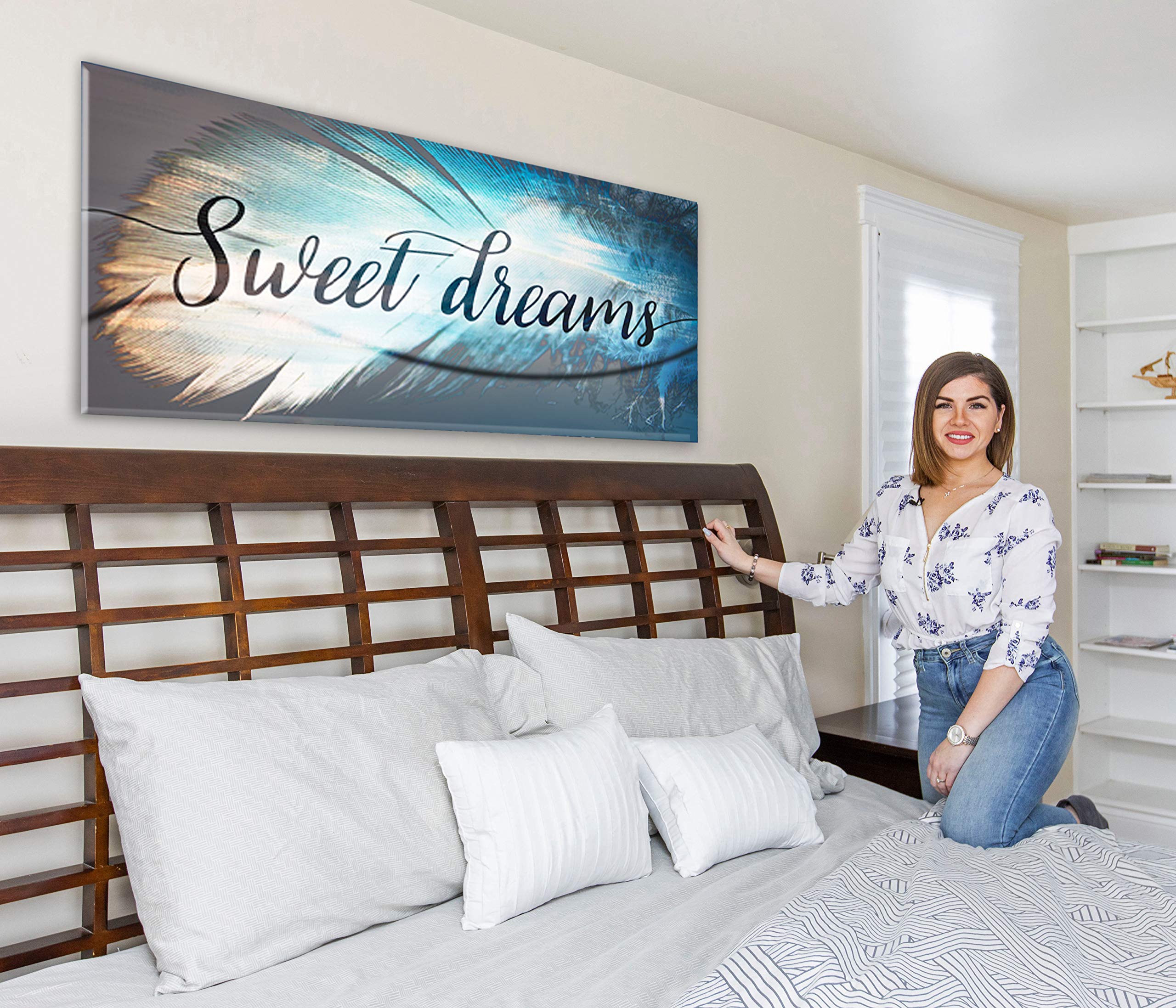 Feather Sweet Dreams Wall Art - Large Framed Canvas Print (42x19) for Master Bedroom Decor, Above Bed Wall Decor | Perfect for Home, Office & Gift Giving