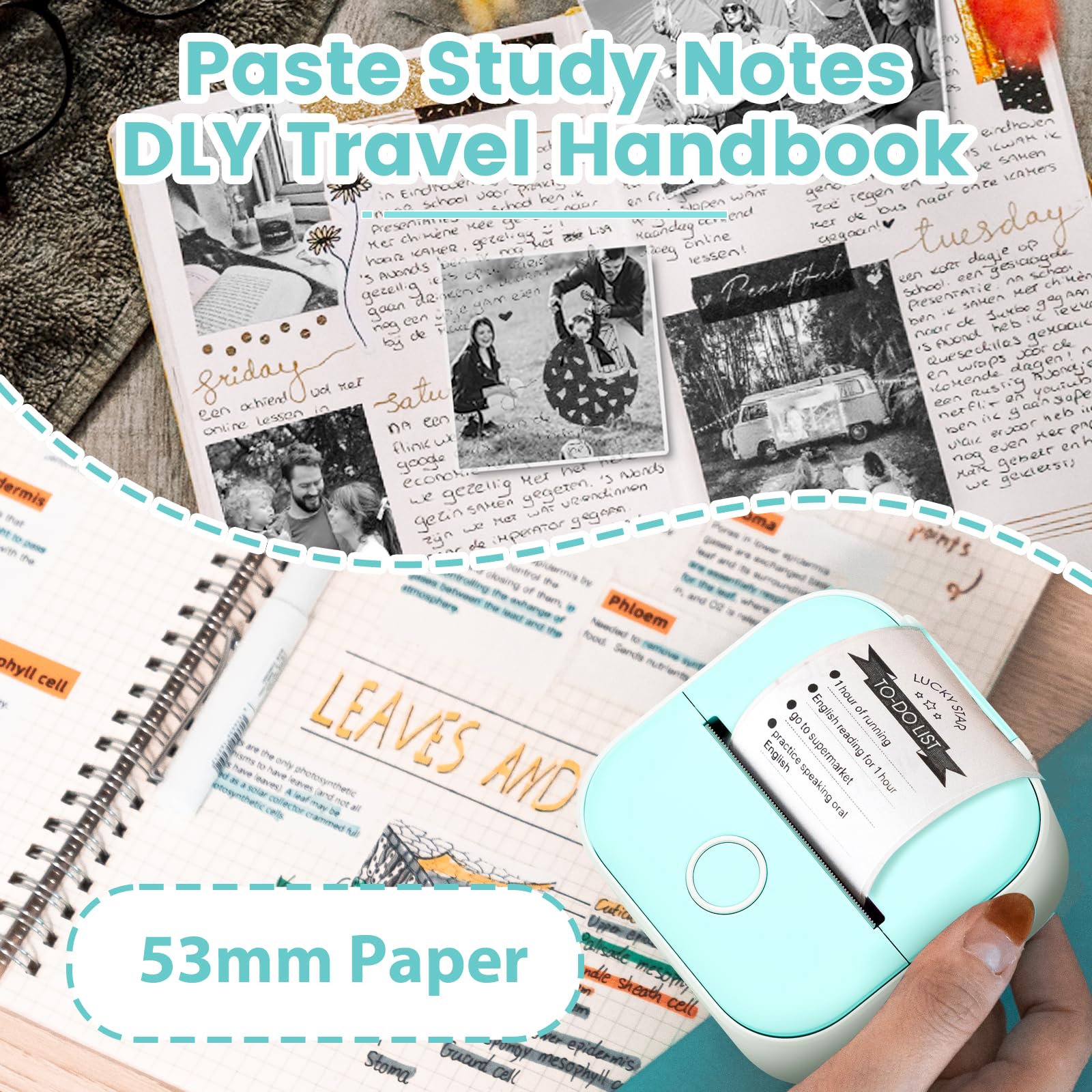 Odaro T02 Mini Thermal Sticker Printer - Portable Bluetooth Sticker Maker with 1 Roll Sticker Paper - Perfect for School Notes, Journals, Coloring Pictures & DIY Crafts - Green (Ideal for Home, Office & Classroom Use)