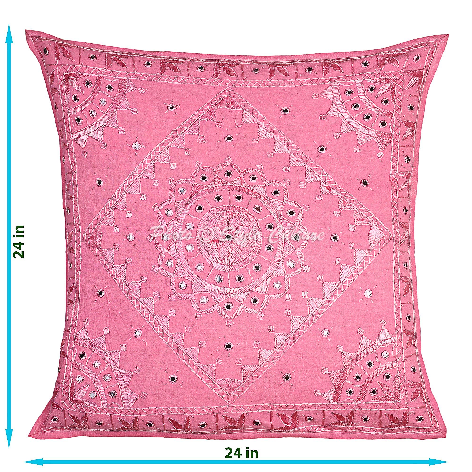 Hand Embroidered Bohemian Indian Chair Seat Throw Pillow Cover 24x24 Inch (60x60 cm) - Cotton Mirrored Square Cushion Cover for Sofa, Bed, Living Room Decor - Baby Pink Home Decoration | 1 Piece